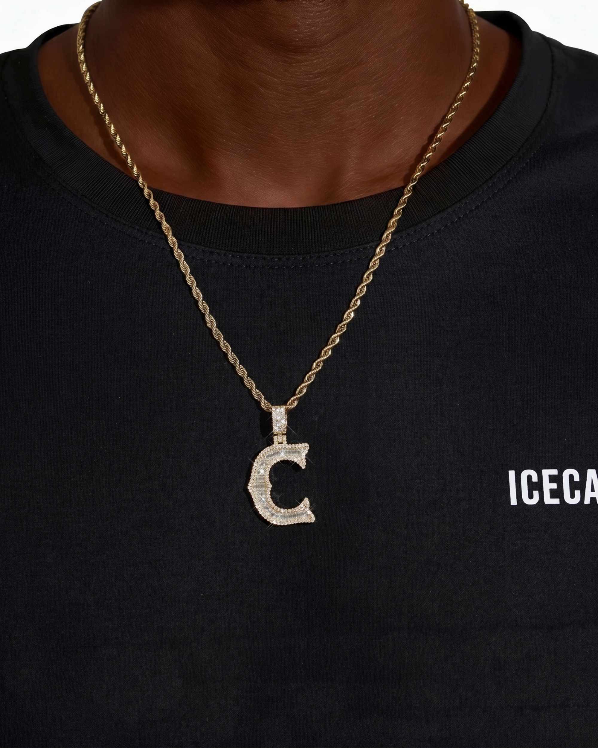 Moissanite Baguette Letter "C" Pendant - in white gold (view 10 of 12)