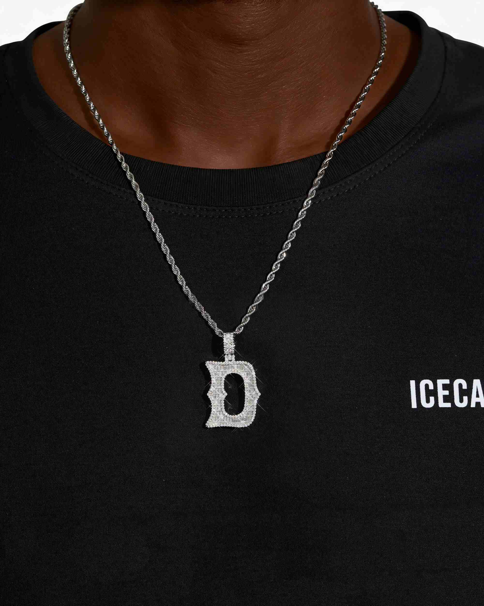 Moissanite Baguette Letter "D" Pendant - in white gold (view 2 of 12)