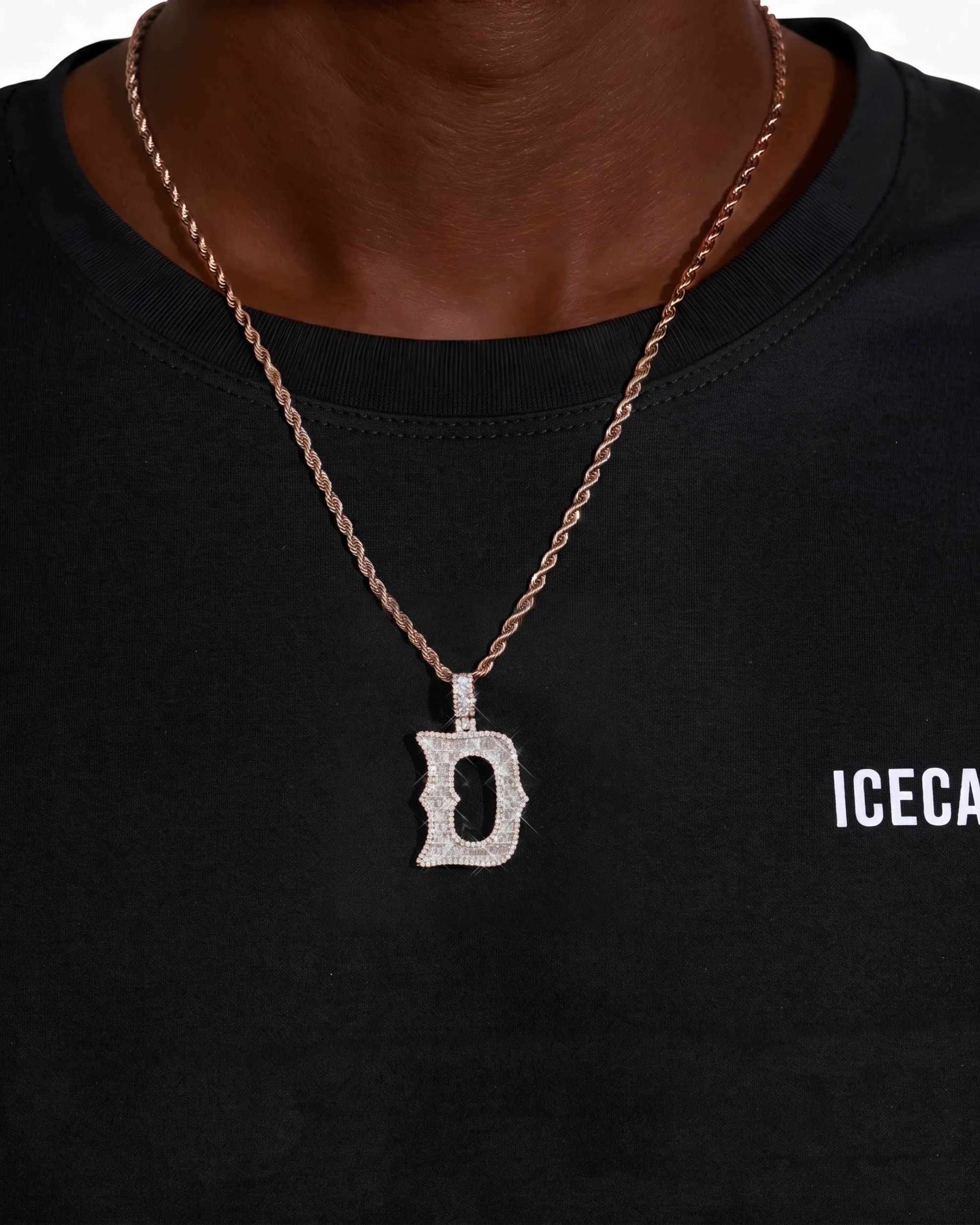Moissanite Baguette Letter "D" Pendant - in white gold (view 10 of 12)