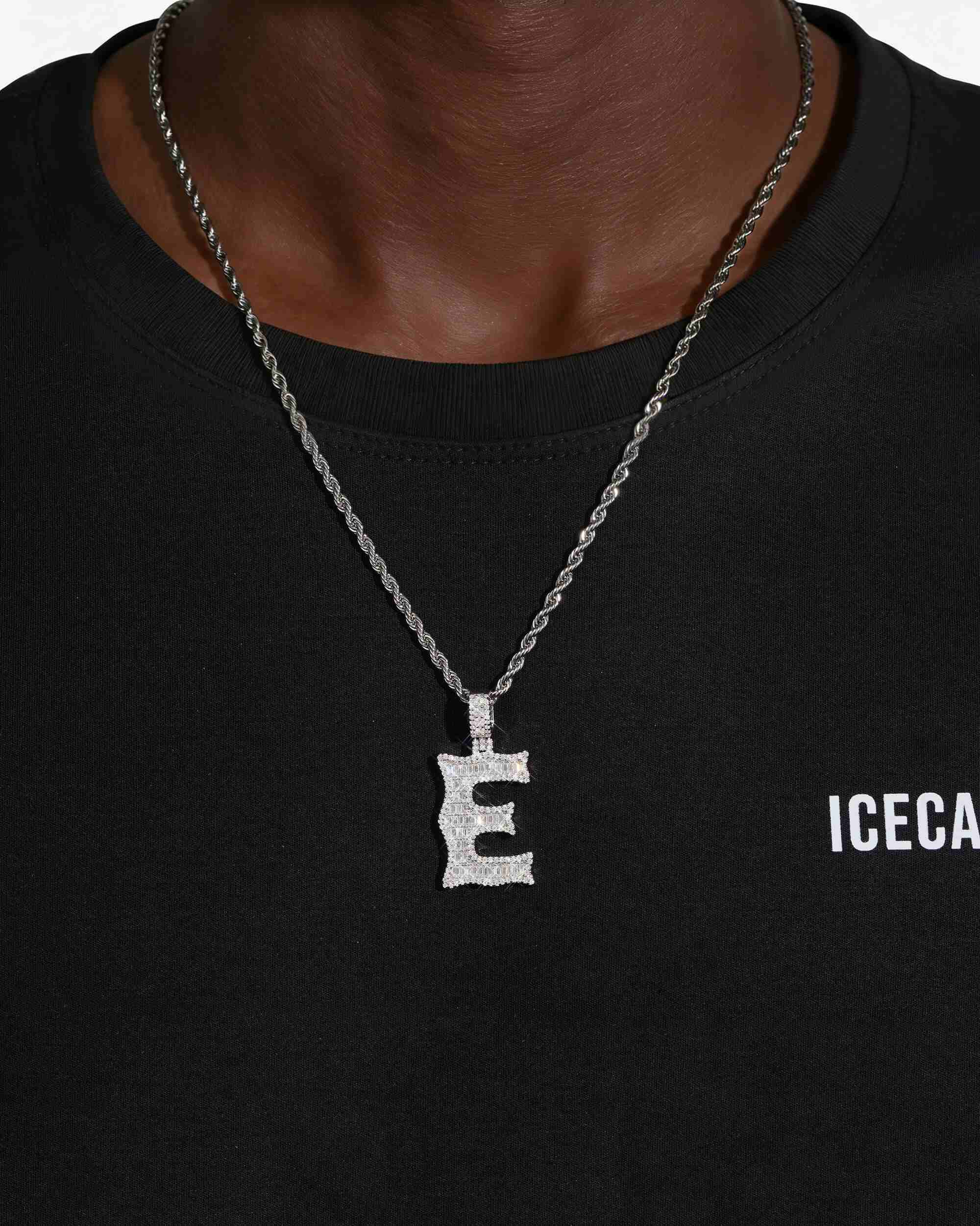 Moissanite Baguette Letter "E" Pendant - in white gold (view 2 of 14)
