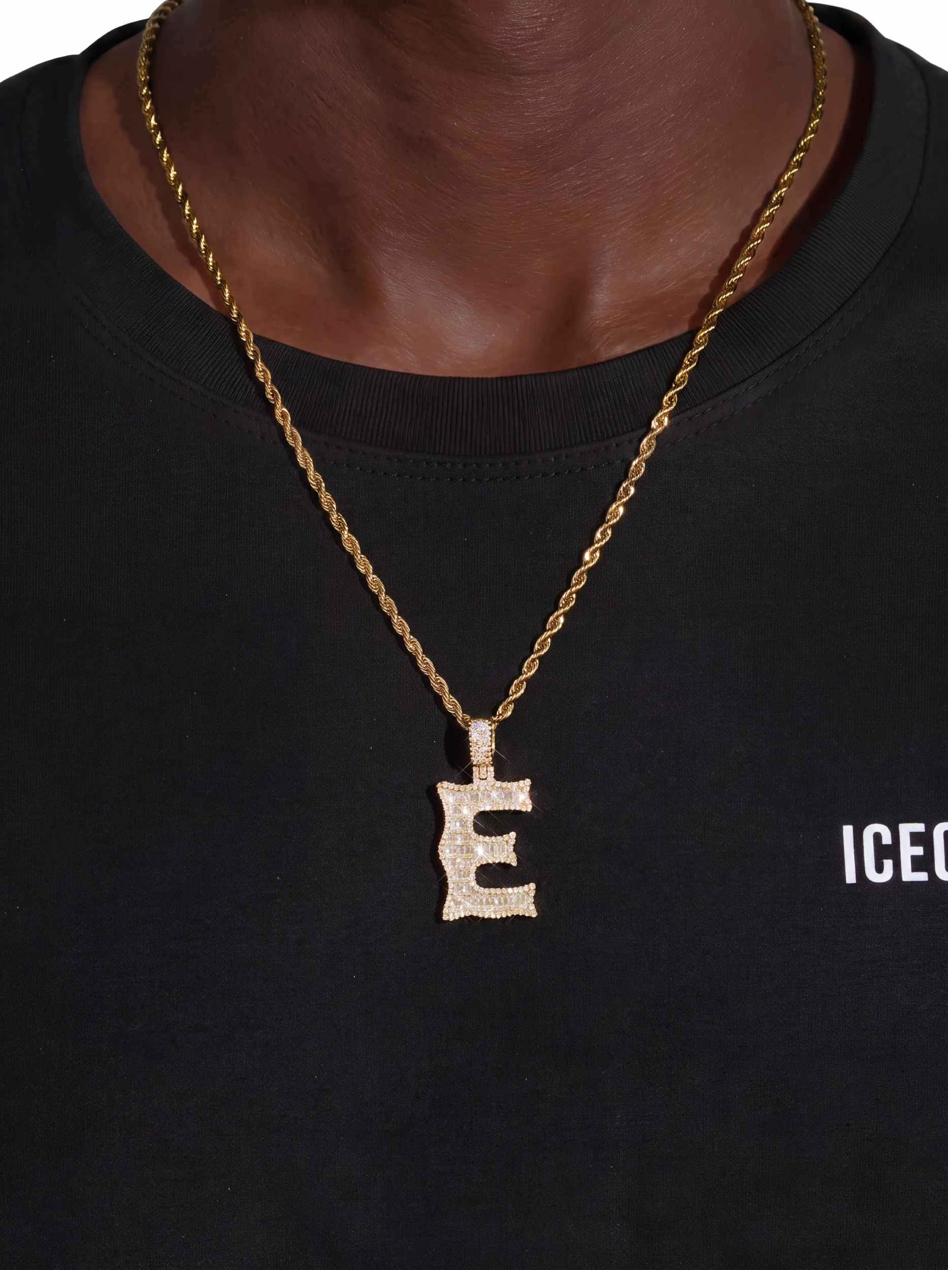 Moissanite Baguette Letter "E" Pendant - in white gold (view 8 of 14)