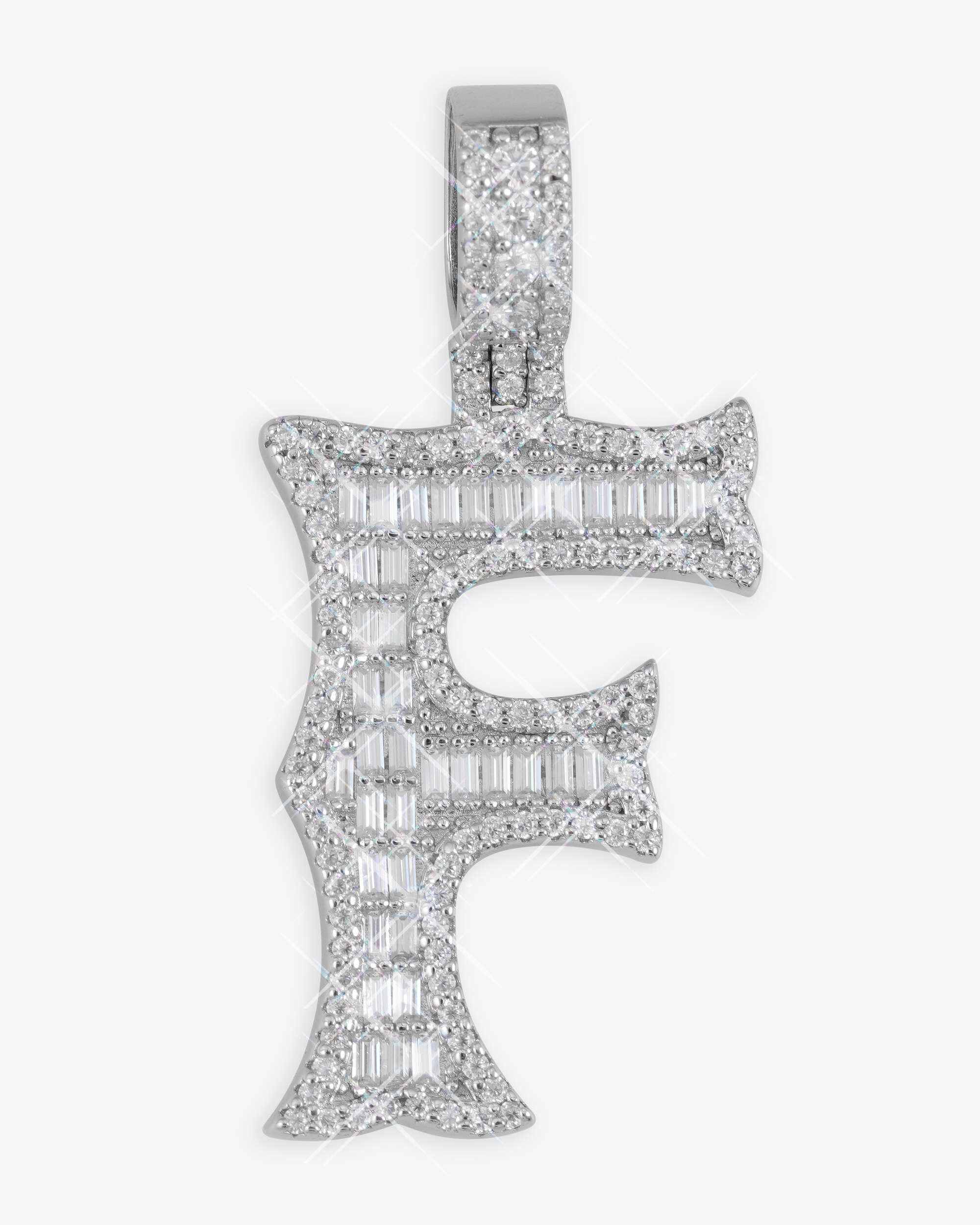 Moissanite Baguette Letter "F" Pendant - in white gold