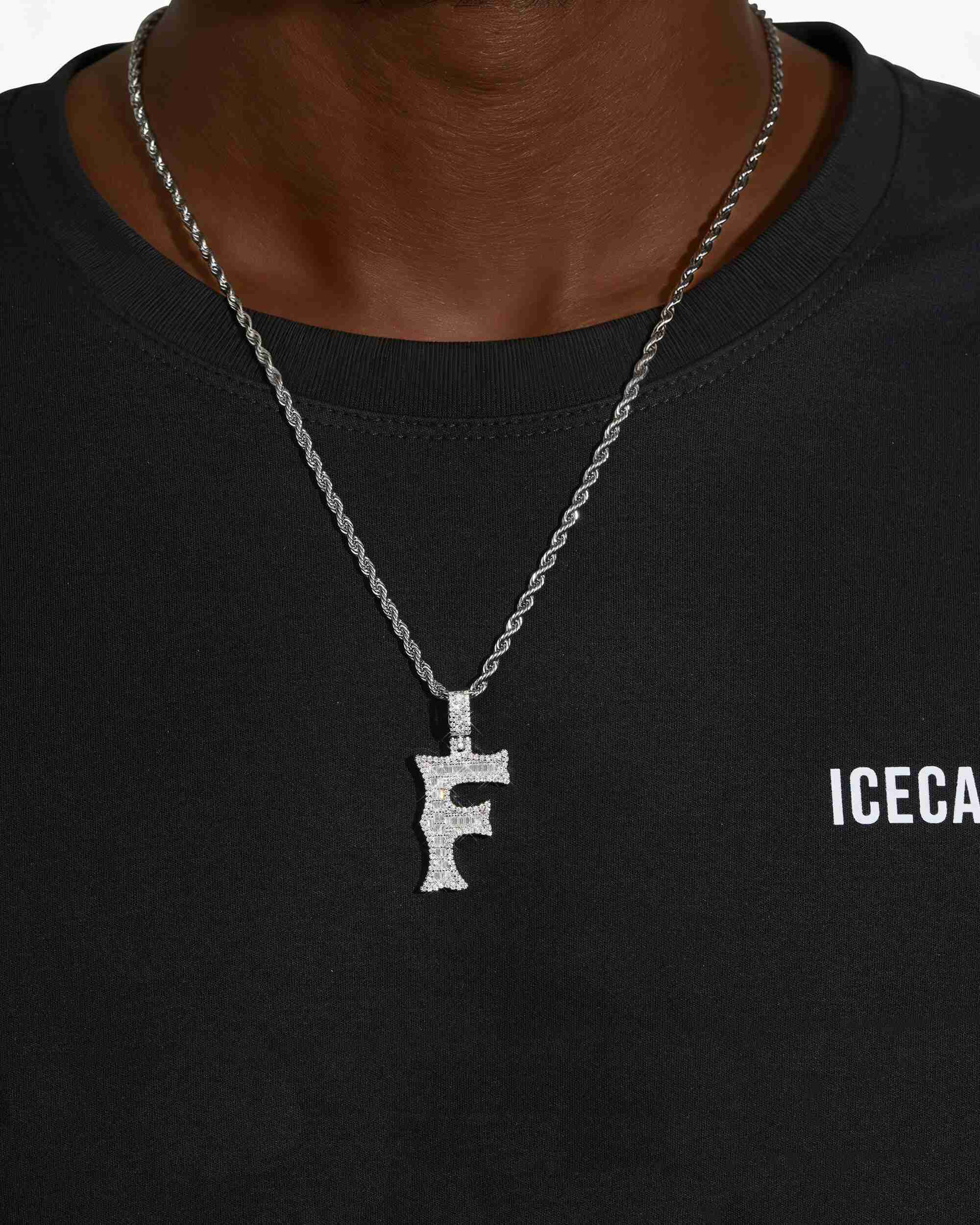 Moissanite Baguette Letter "F" Pendant - in white gold (view 2 of 6)