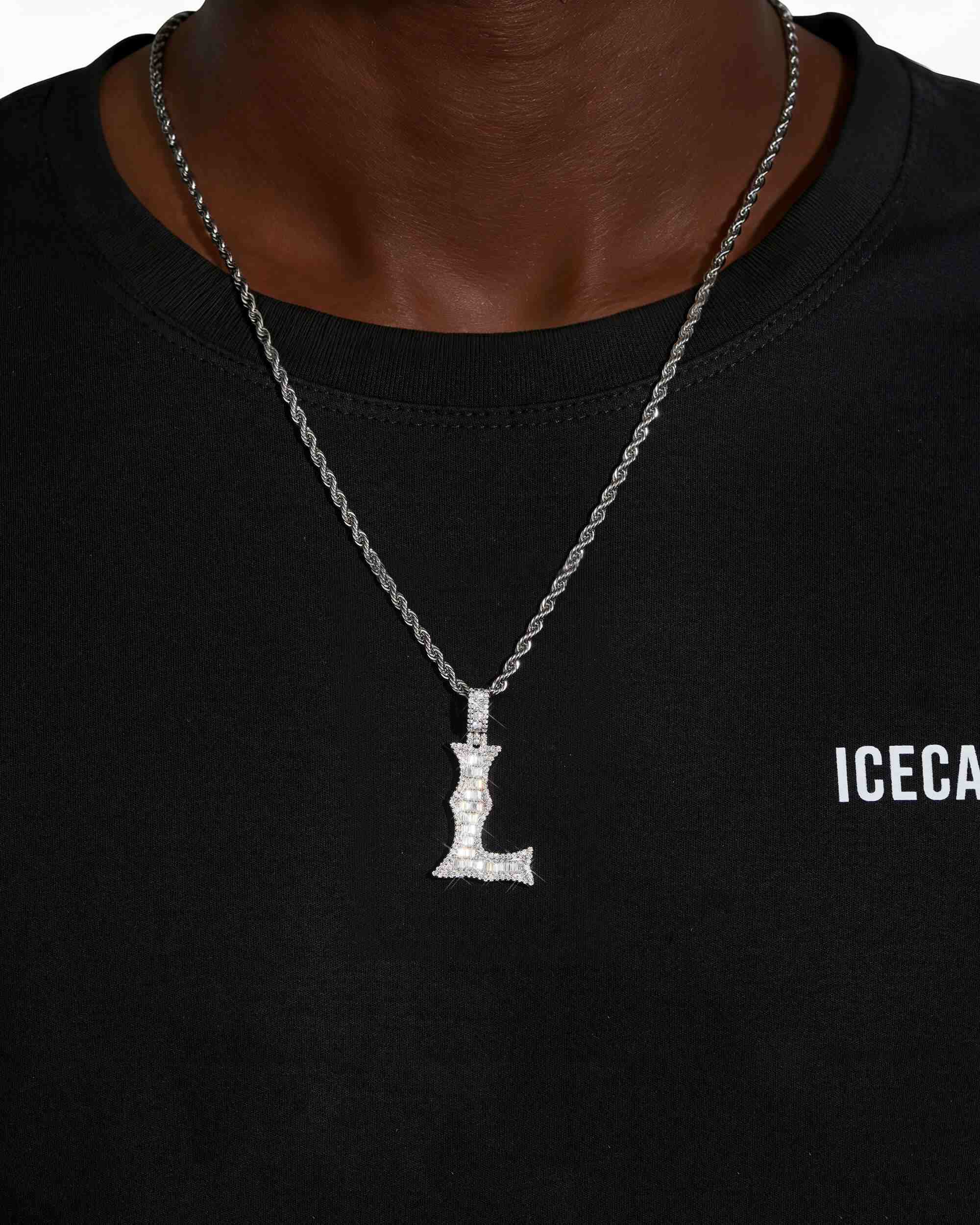 Moissanite Baguette Letter "L" Pendant - in white gold (view 2 of 12)