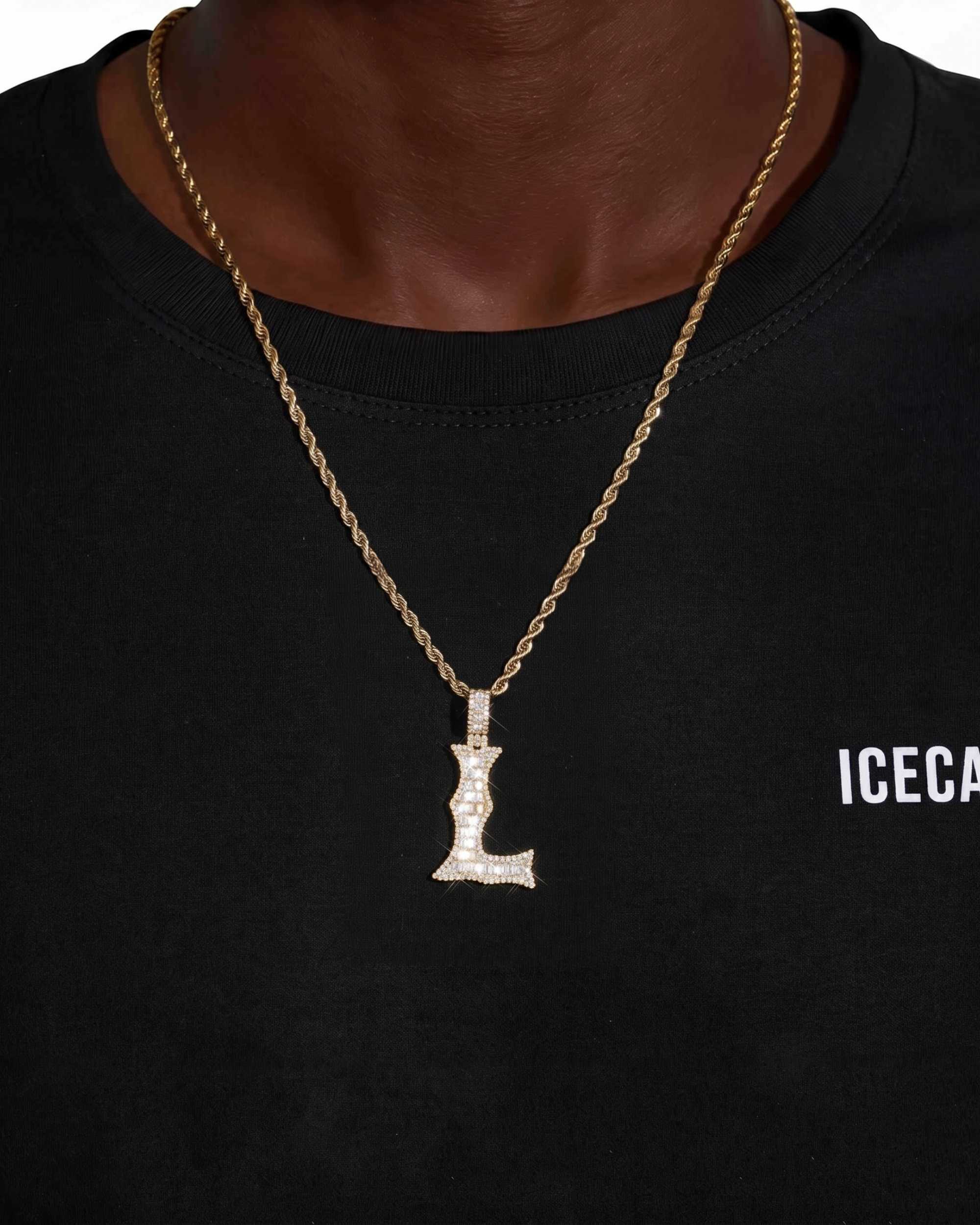 Moissanite Baguette Letter "L" Pendant - in white gold (view 10 of 12)