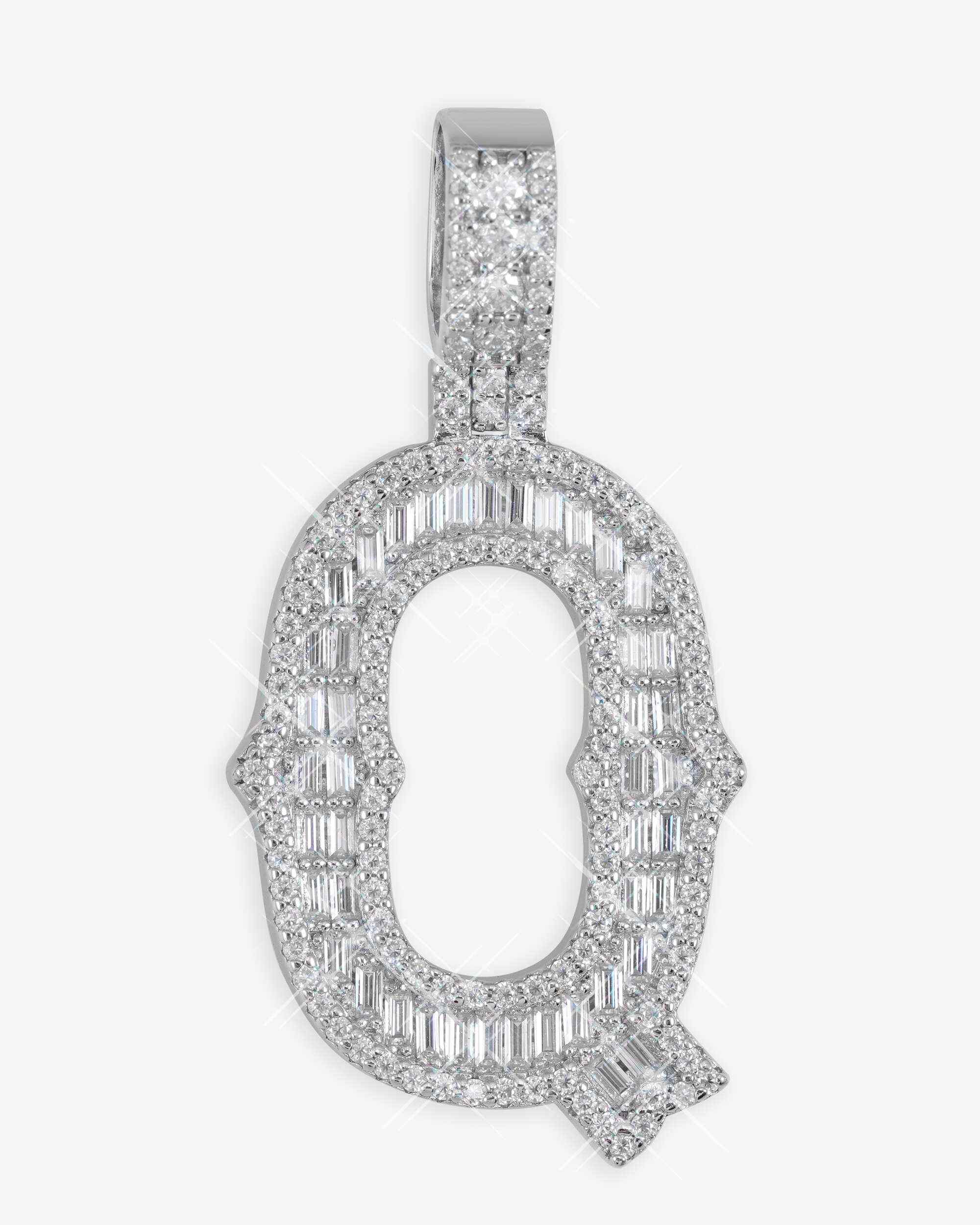 Moissanite Baguette Letter "Q" Pendant - in white gold
