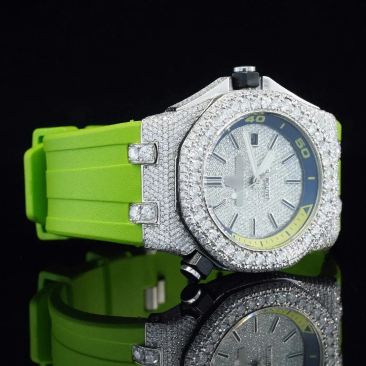 Moissanite Diamond Watch Iced Out Green Belt Automatic Wrist Watch (view 2 of 4)