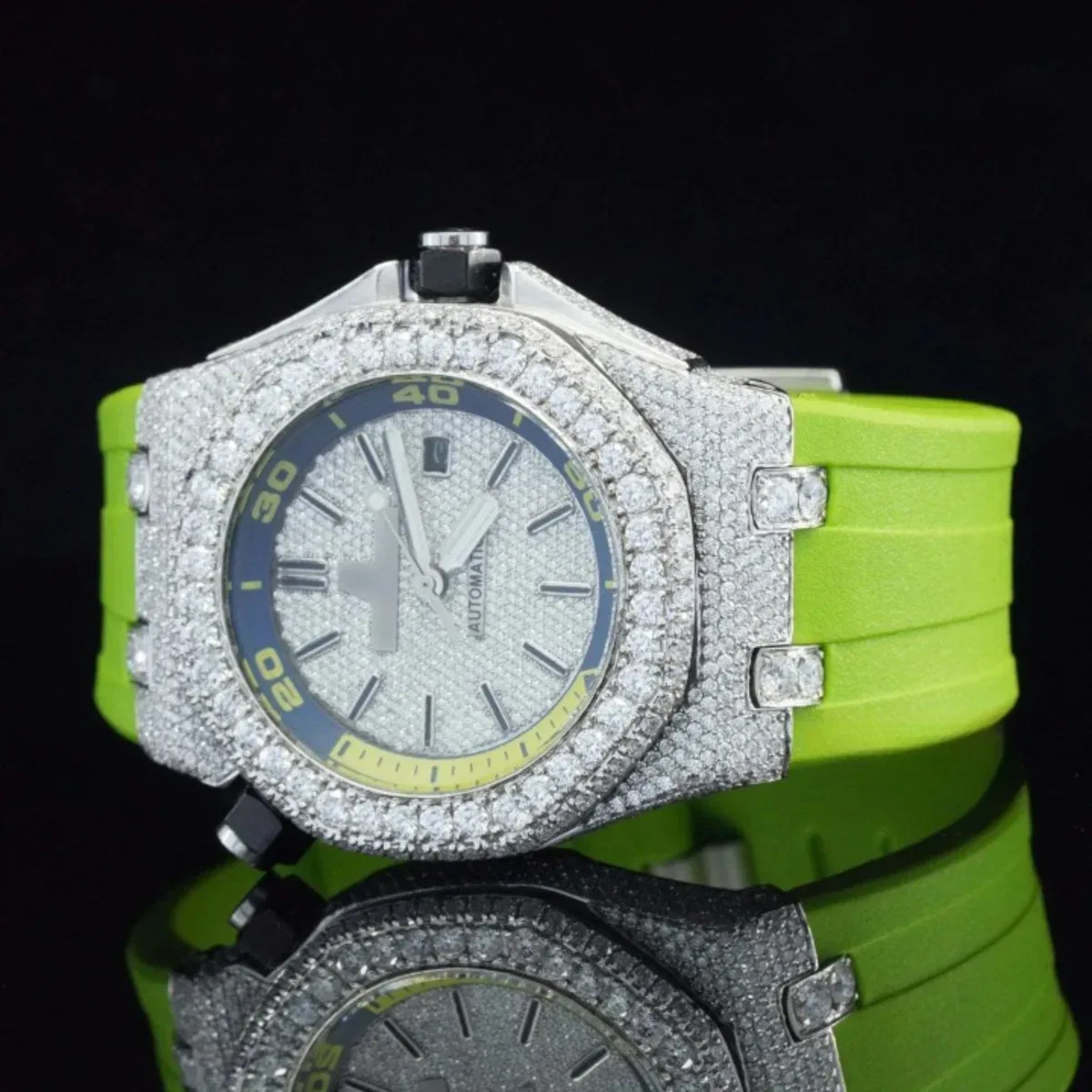 Moissanite Diamond Watch Iced Out Green Belt Automatic Wrist Watch (view 3 of 4)