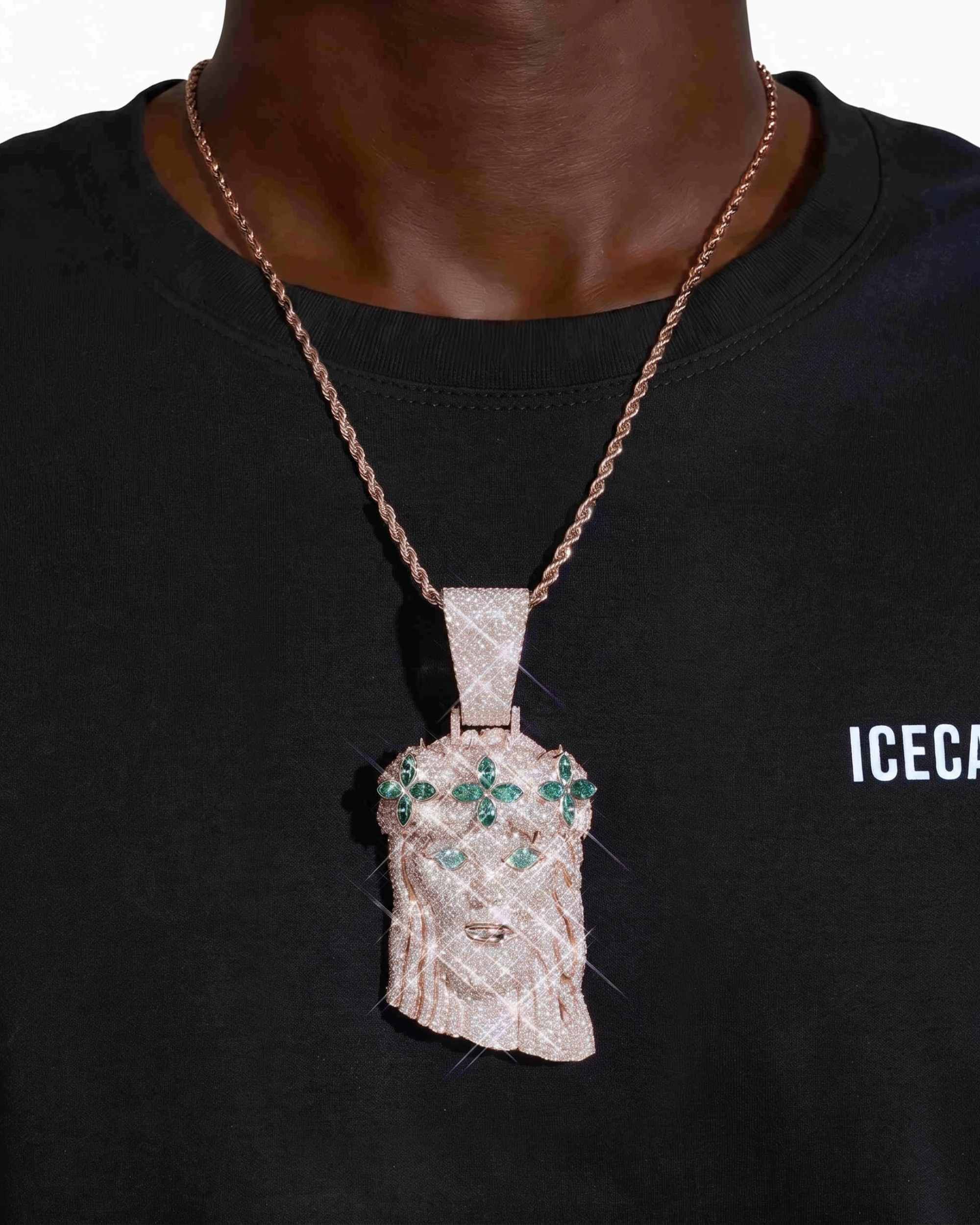 Moissanite Four Leaf Clover Jesus Pendant 14K Gold (view 6 of 12)