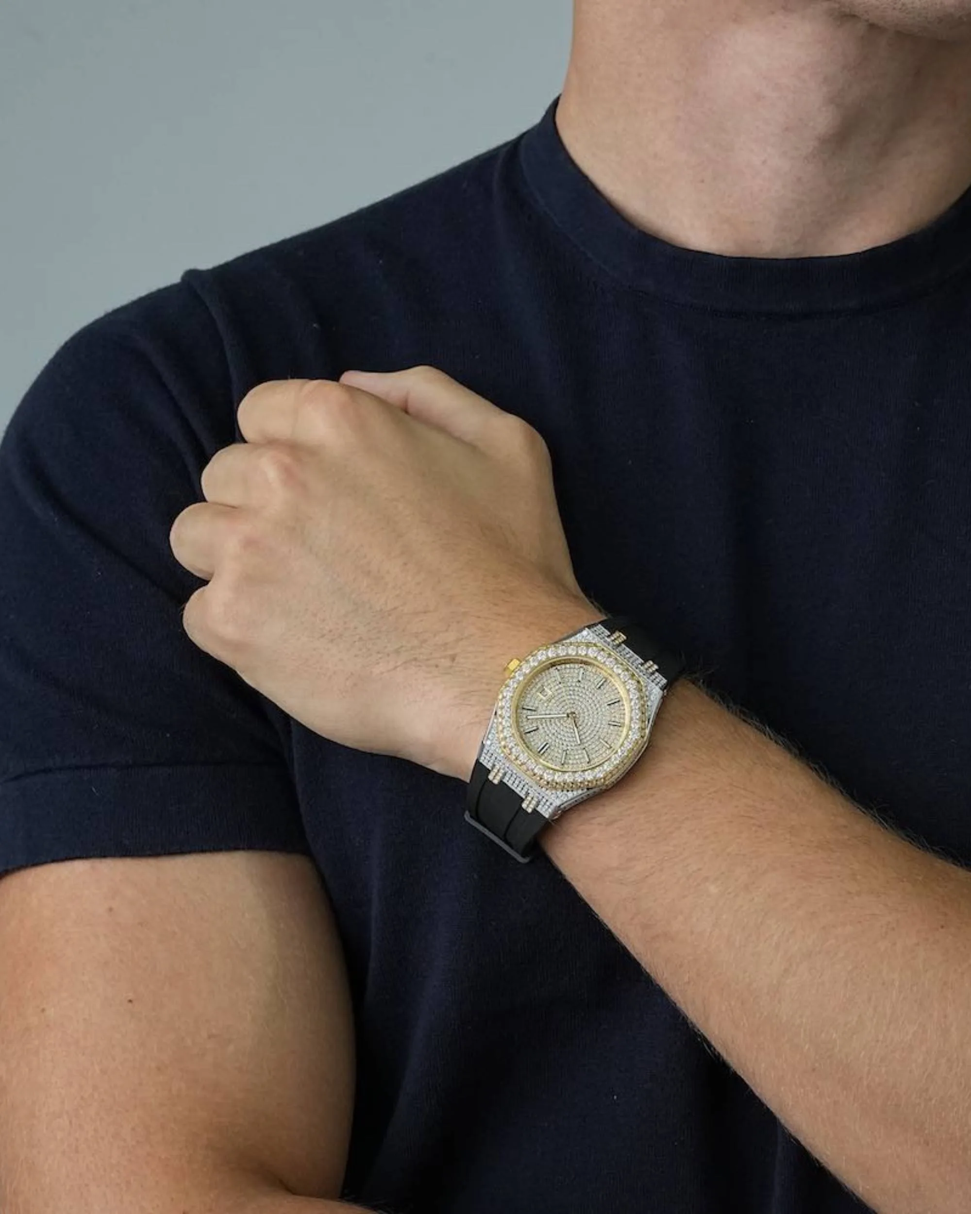 Moissanite Iced Out Silicone Band Watch | 13.5CT | 14K Yellow Gold (view 3 of 8)