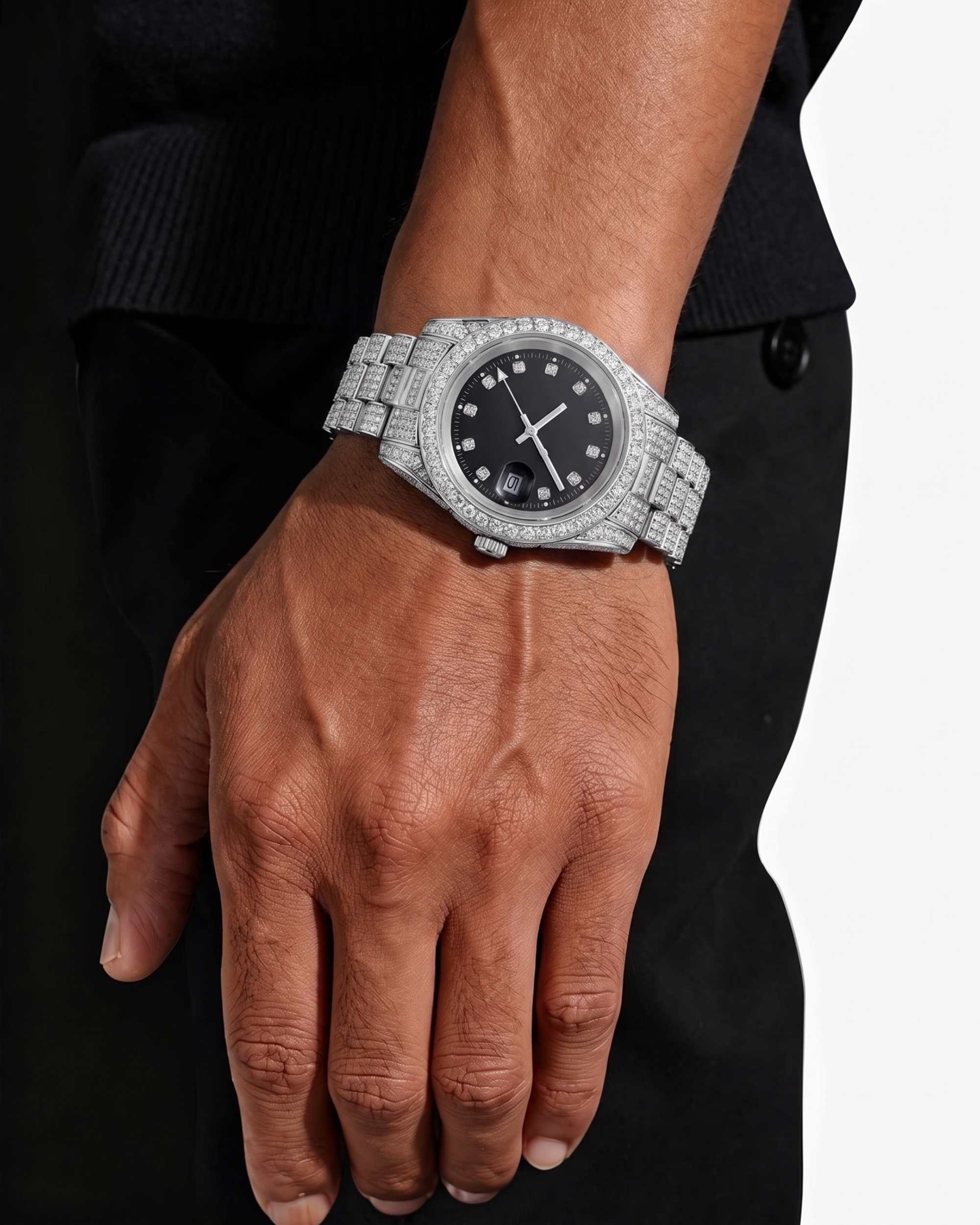 Moissanite Presidential Watch | Black Face | 41MM | 13.3CT Iced Out | 14K White Gold (view 2 of 7)