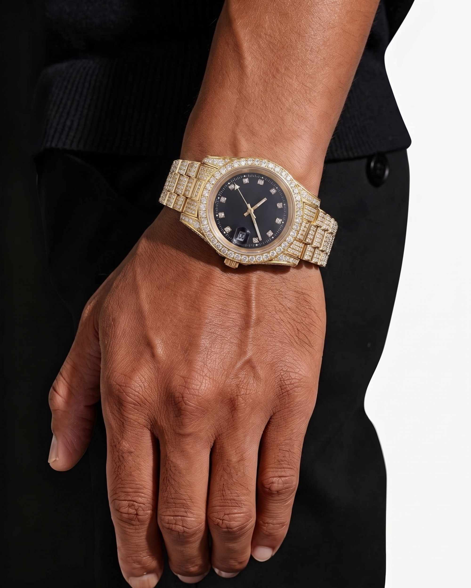 Moissanite Presidential Watch | Black Face | 41MM | 13.3CT Iced Out | 14K Yellow Gold (view 2 of 7)