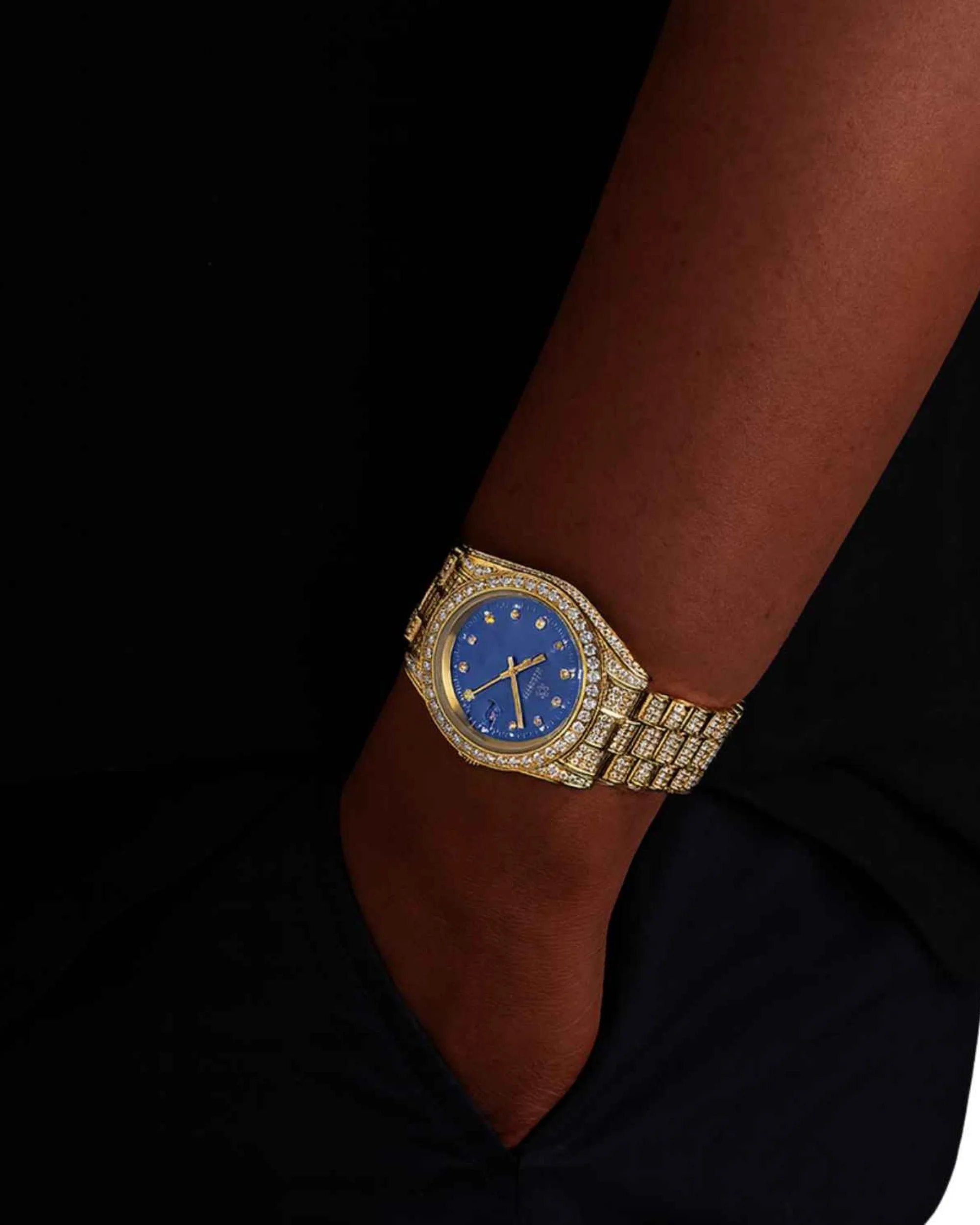 Moissanite Presidential Watch | Blue Face | 41MM | 13.3CT Iced Out | 14K Yellow Gold (view 2 of 4)