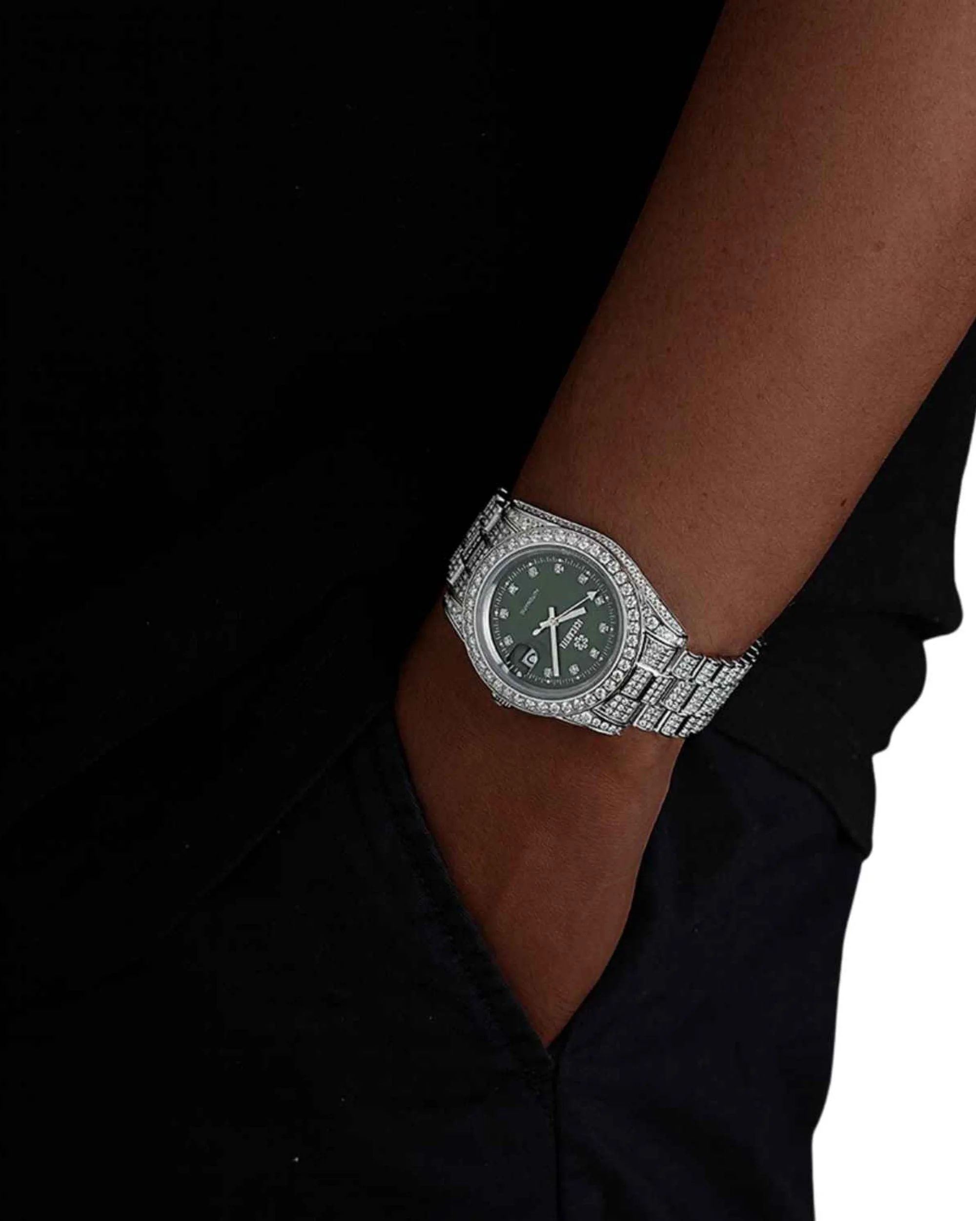 Moissanite Presidential Watch | Green Face | 41MM | 13.3CT Iced Out | 14K White Gold (view 2 of 4)