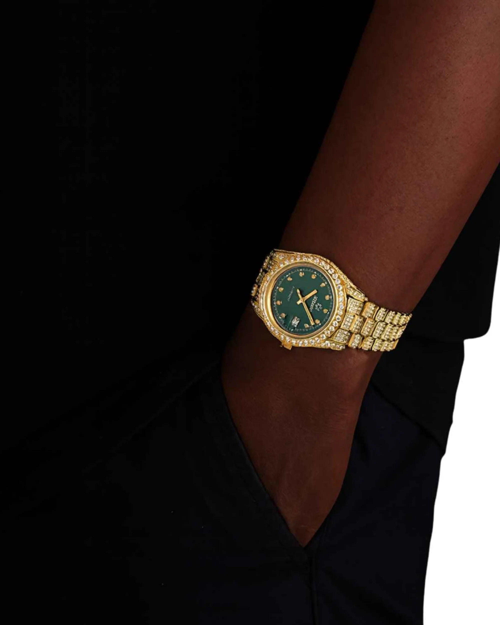 Moissanite Presidential Watch | Green Face | 41MM | 13.3CT Iced Out | 14K Yellow Gold (view 2 of 5)