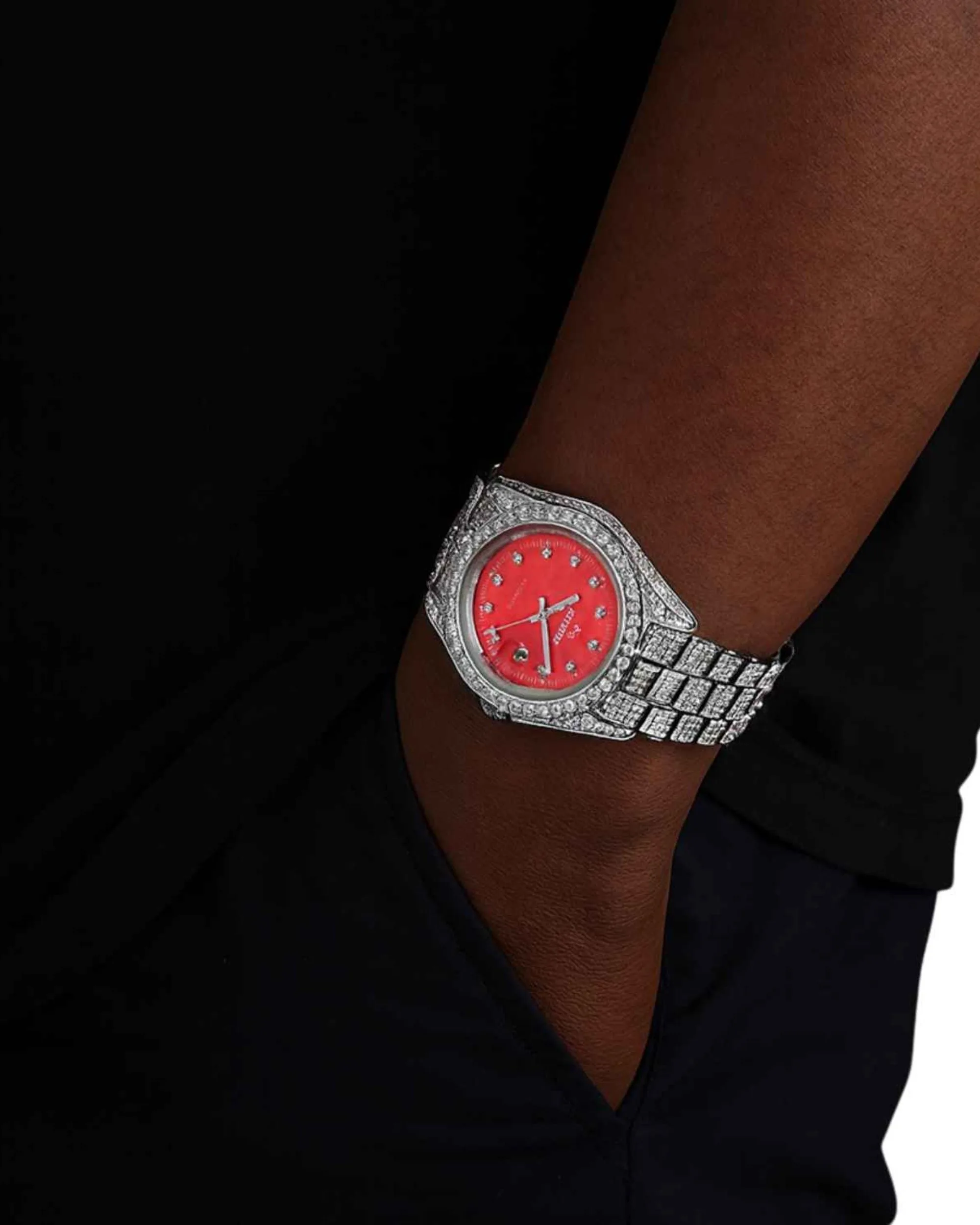Moissanite Presidential Watch | Red Face | 41MM | 13.3CT Iced Out | 14K White Gold (view 2 of 4)