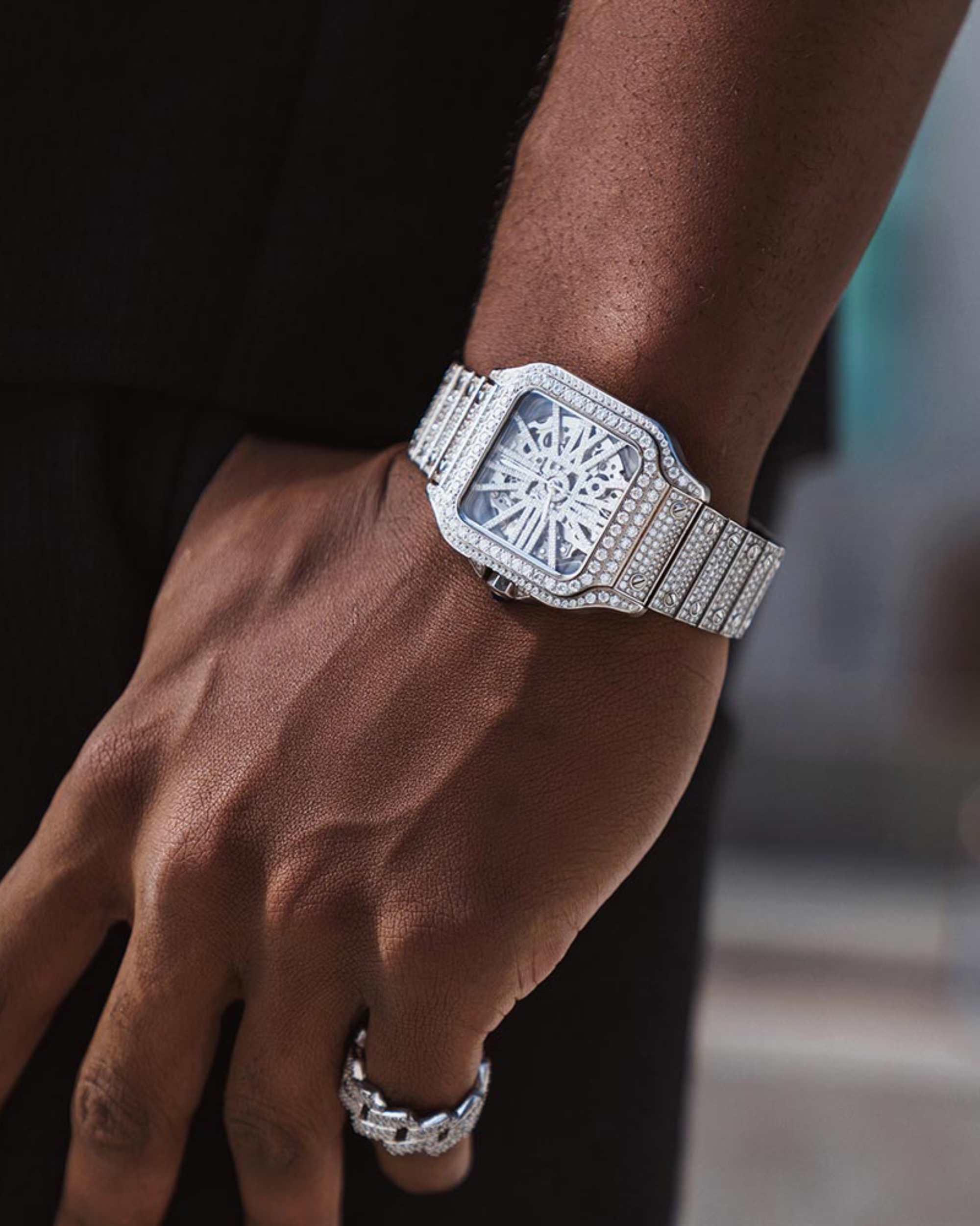 Moissanite Skeleton Watch | 42MM | 14K White Gold | 14.1CT Bust Down (view 4 of 11)
