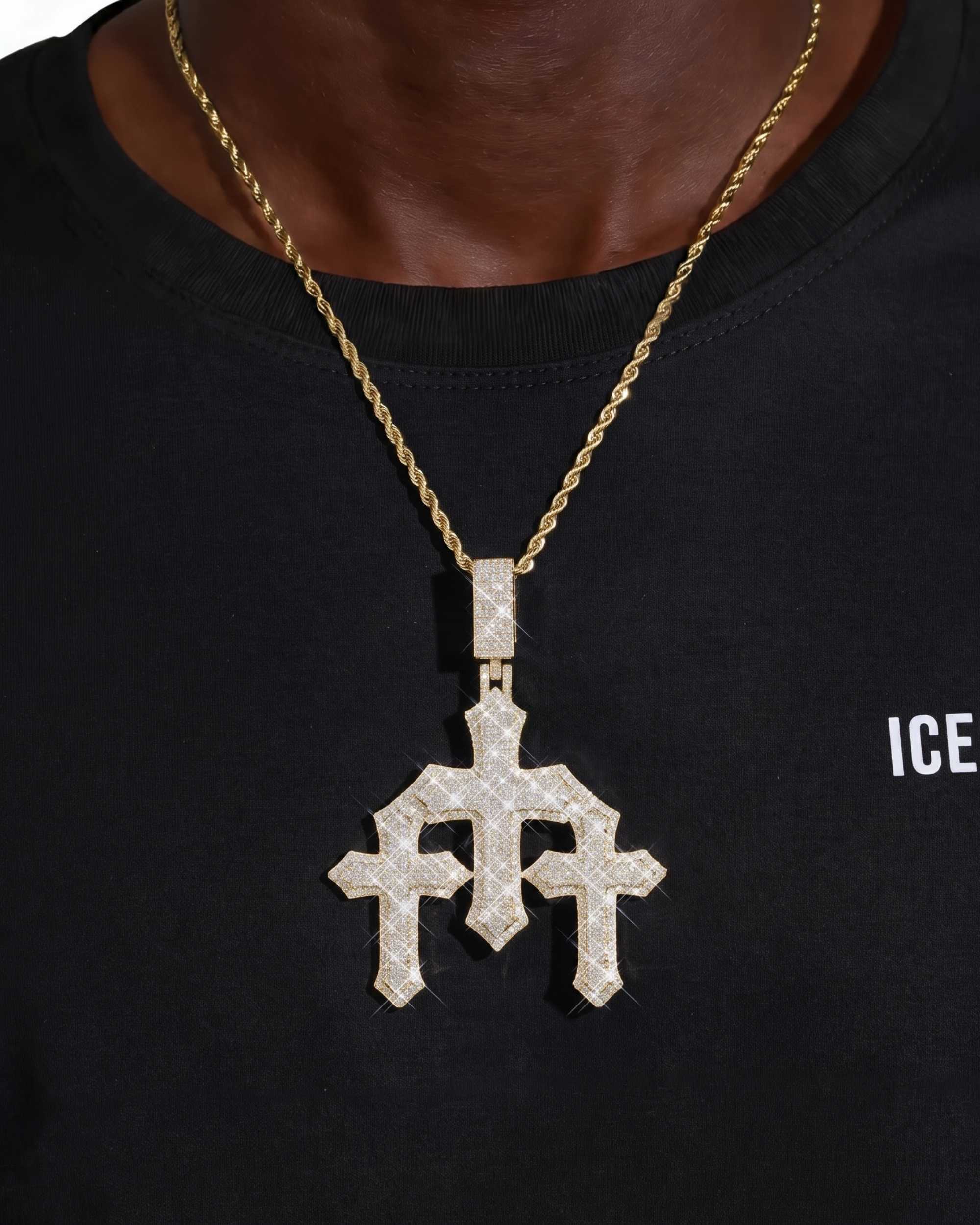 Moissanite Triple Cross Pendant 14K Gold (view 10 of 12)