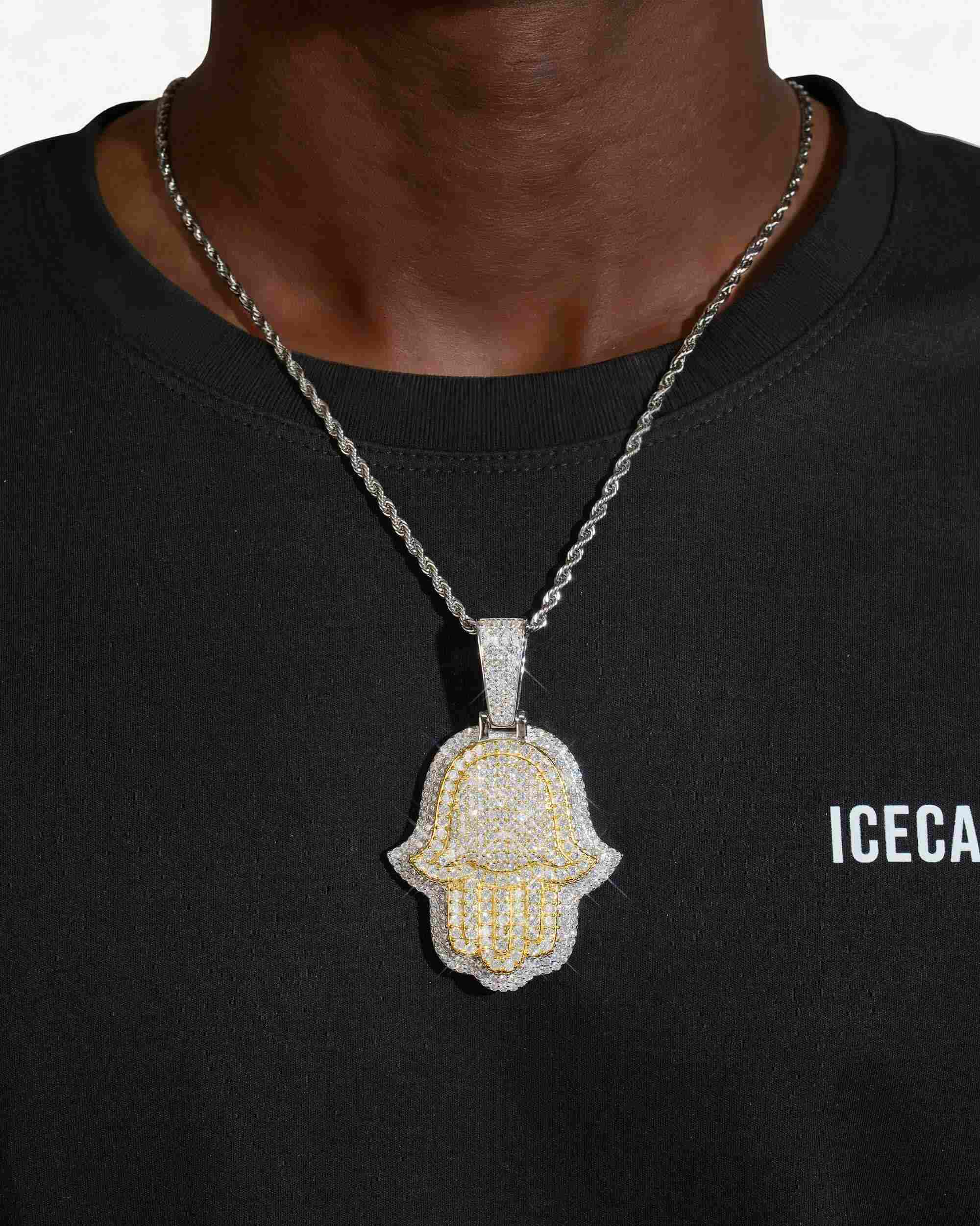 Moissanite Two Tone Hamsa Hand Pendant 14K Gold (view 6 of 17)