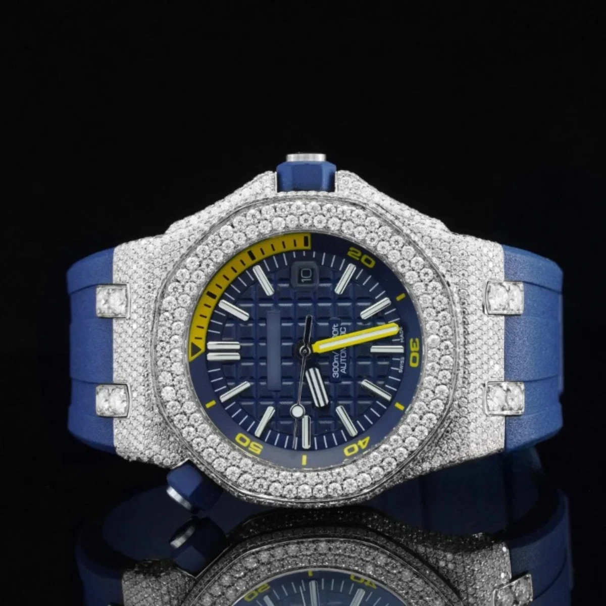 Moissanite Watch Iced Out Blue Color Rubber Belt Automatic Watch For Men