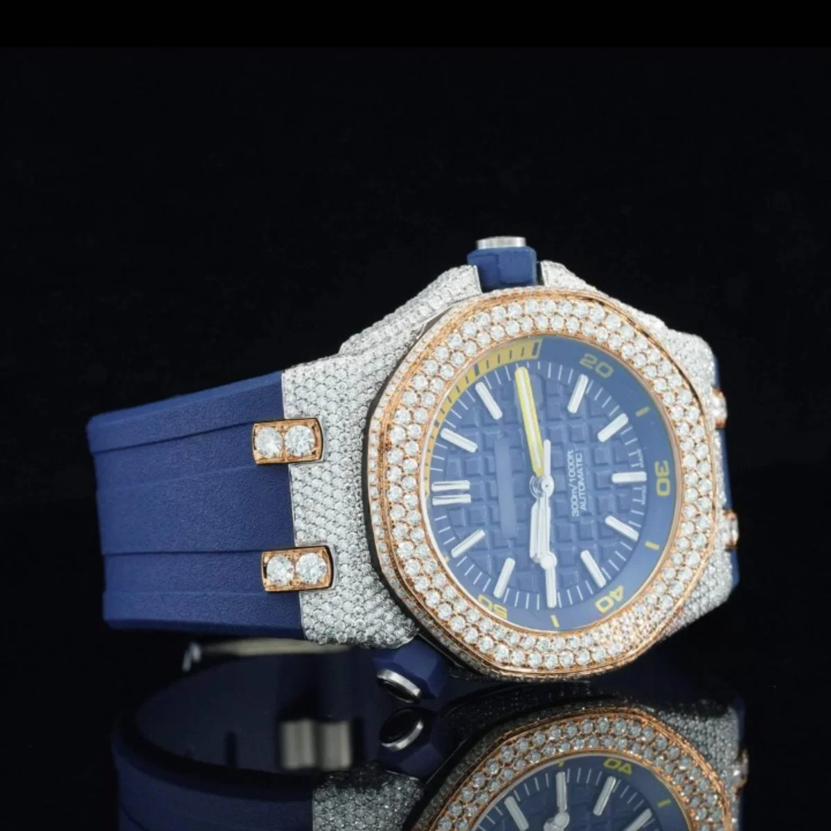 Moissanite Watch Iced Out Blue Color Rubber Belt Automatic Watch For Men (view 2 of 5)