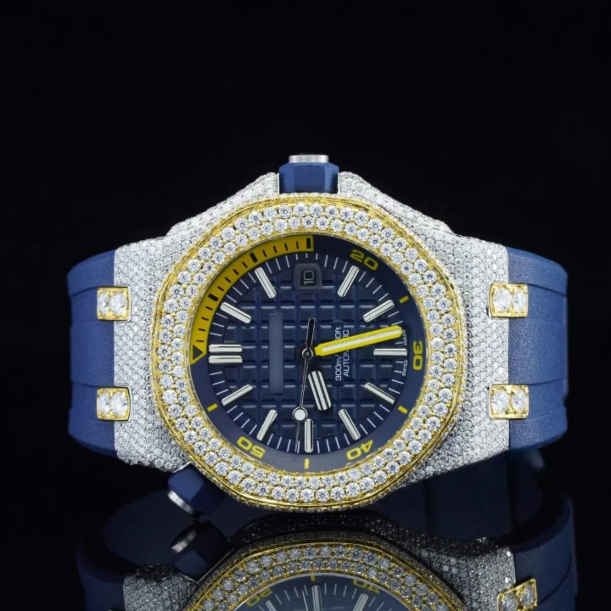 Moissanite Watch Iced Out Blue Color Rubber Belt Automatic Watch For Men (view 4 of 5)