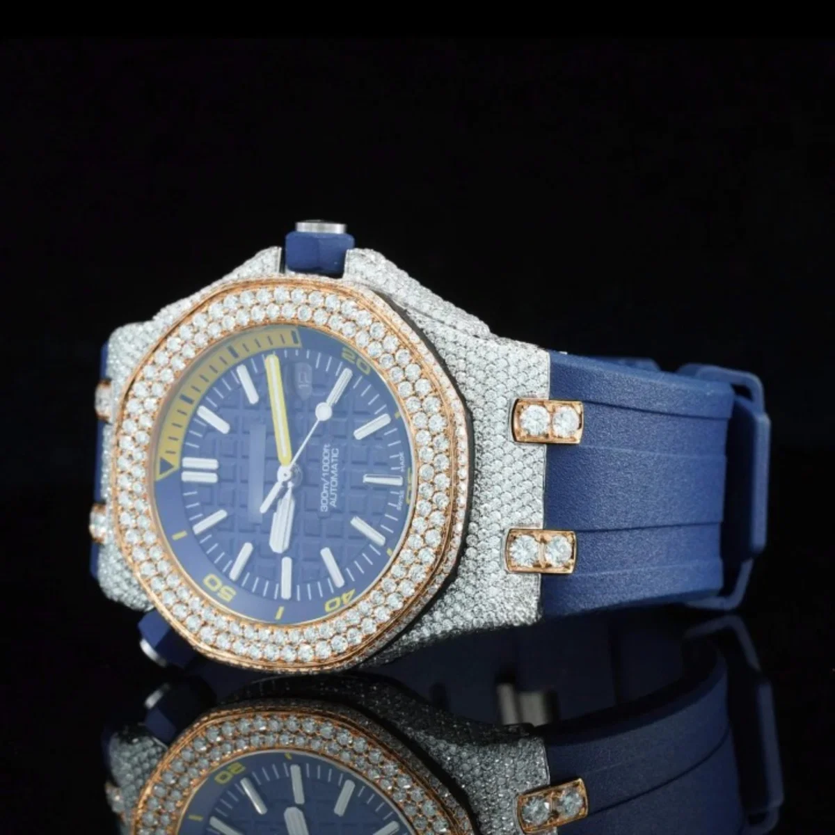 Moissanite Watch Iced Out Blue Color Rubber Belt Automatic Watch For Men (view 5 of 5)