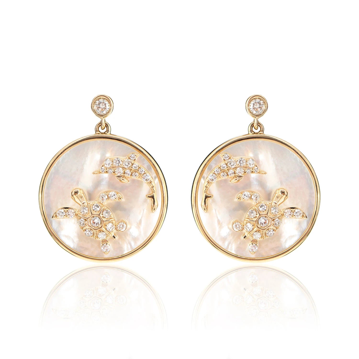 Mother of Pearl and Diamond Sea Turtle Dolphin Earrings - in yellow gold