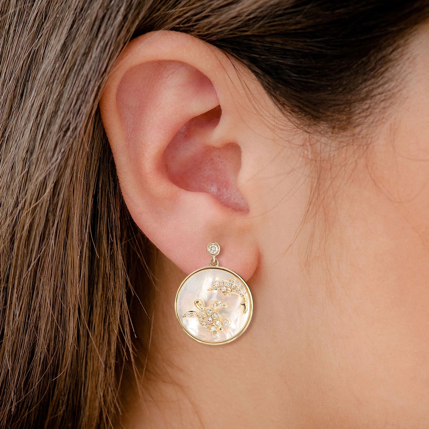 Mother of Pearl and Diamond Sea Turtle Dolphin Earrings - in yellow gold (view 2 of 6)