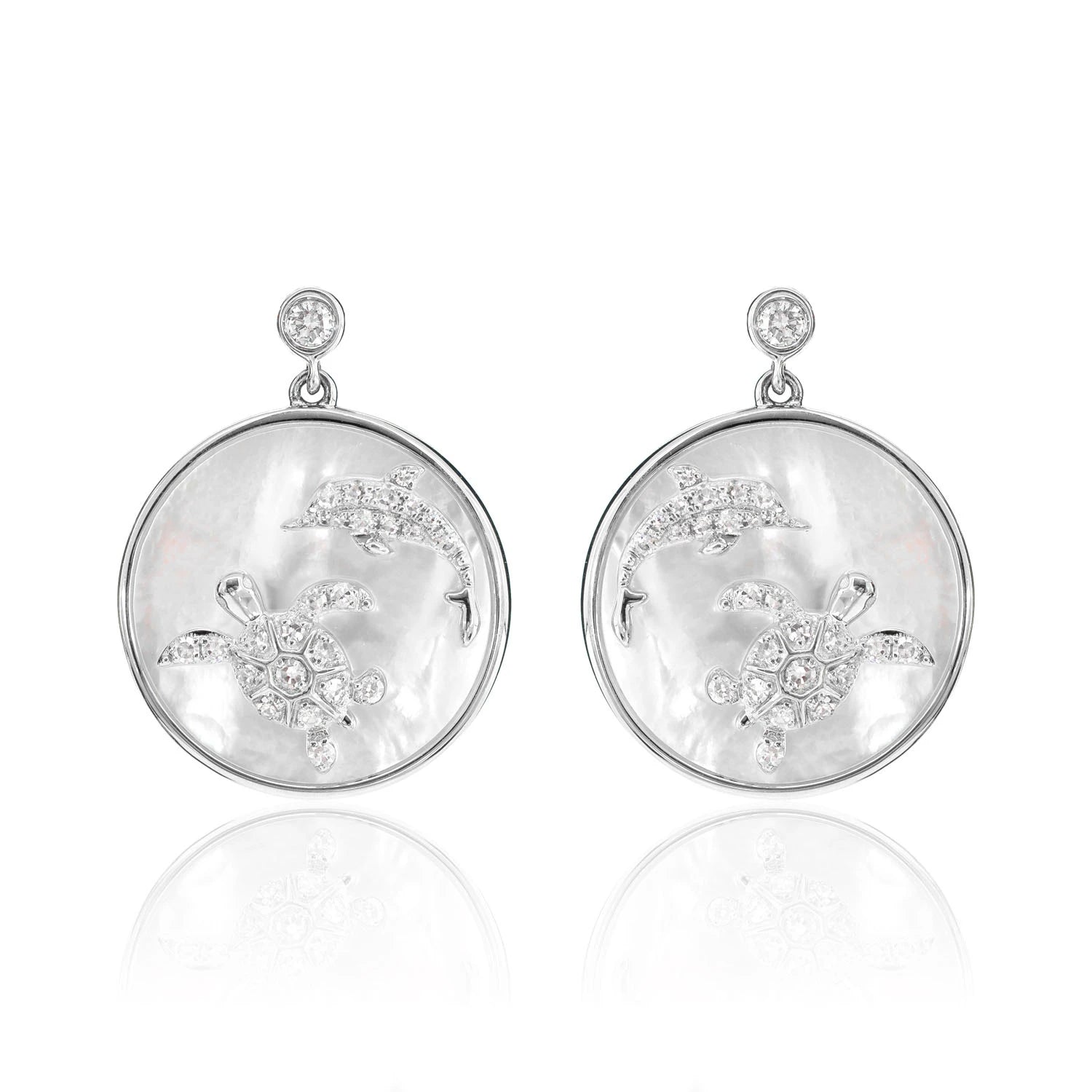 Mother of Pearl and Diamond Sea Turtle Dolphin Earrings - in yellow gold (view 3 of 6)
