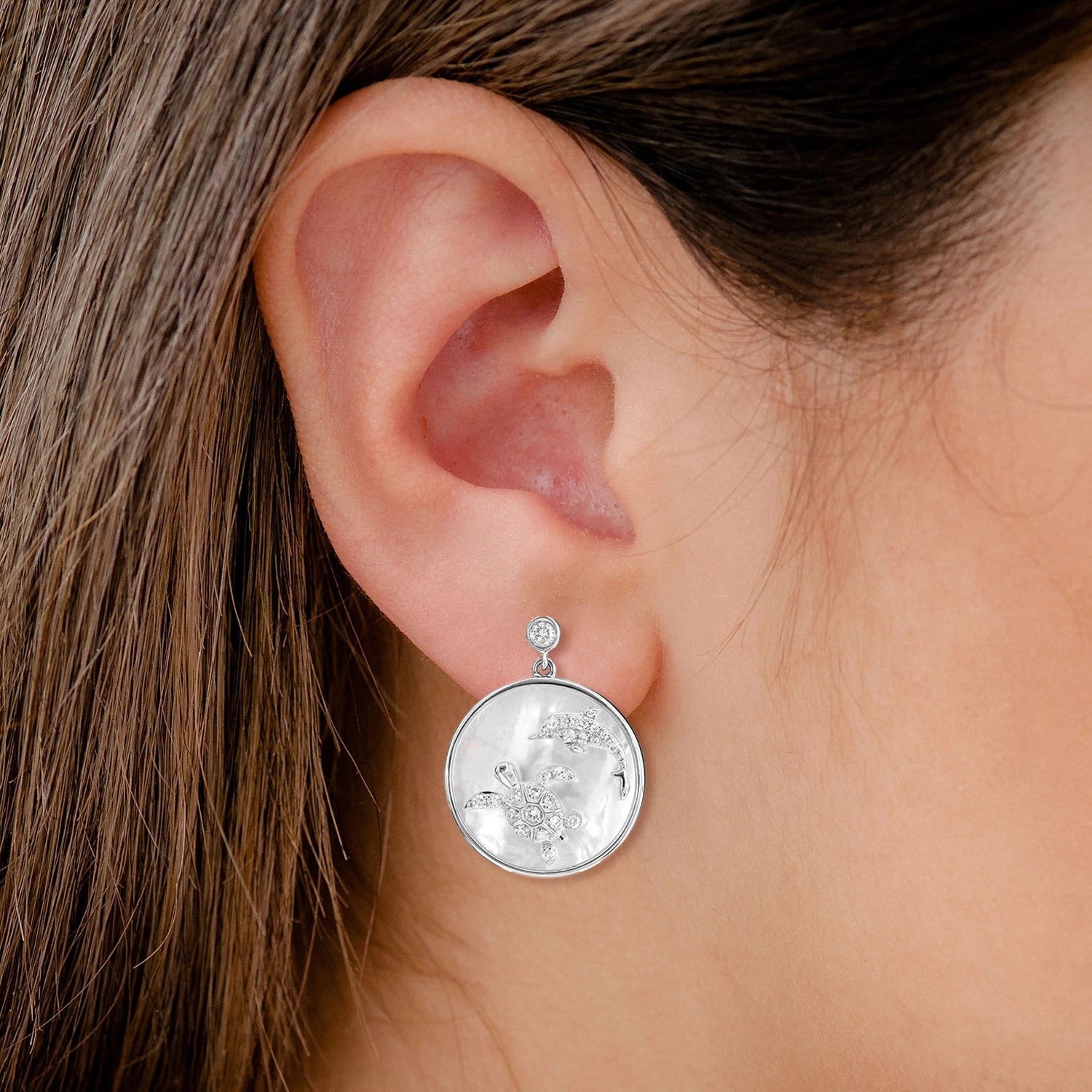 Mother of Pearl and Diamond Sea Turtle Dolphin Earrings - in yellow gold (view 4 of 6)