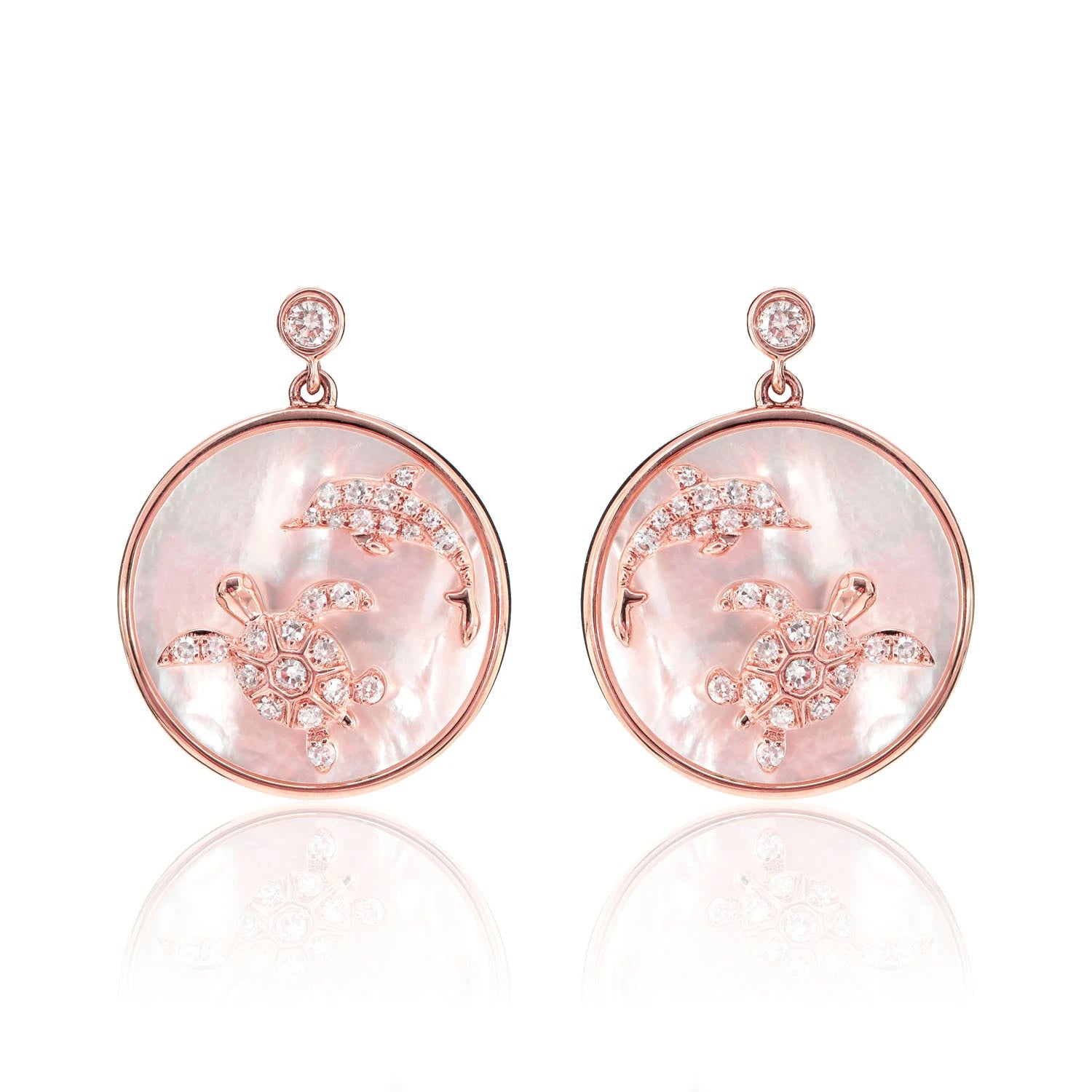 Mother of Pearl and Diamond Sea Turtle Dolphin Earrings - in yellow gold (view 5 of 6)