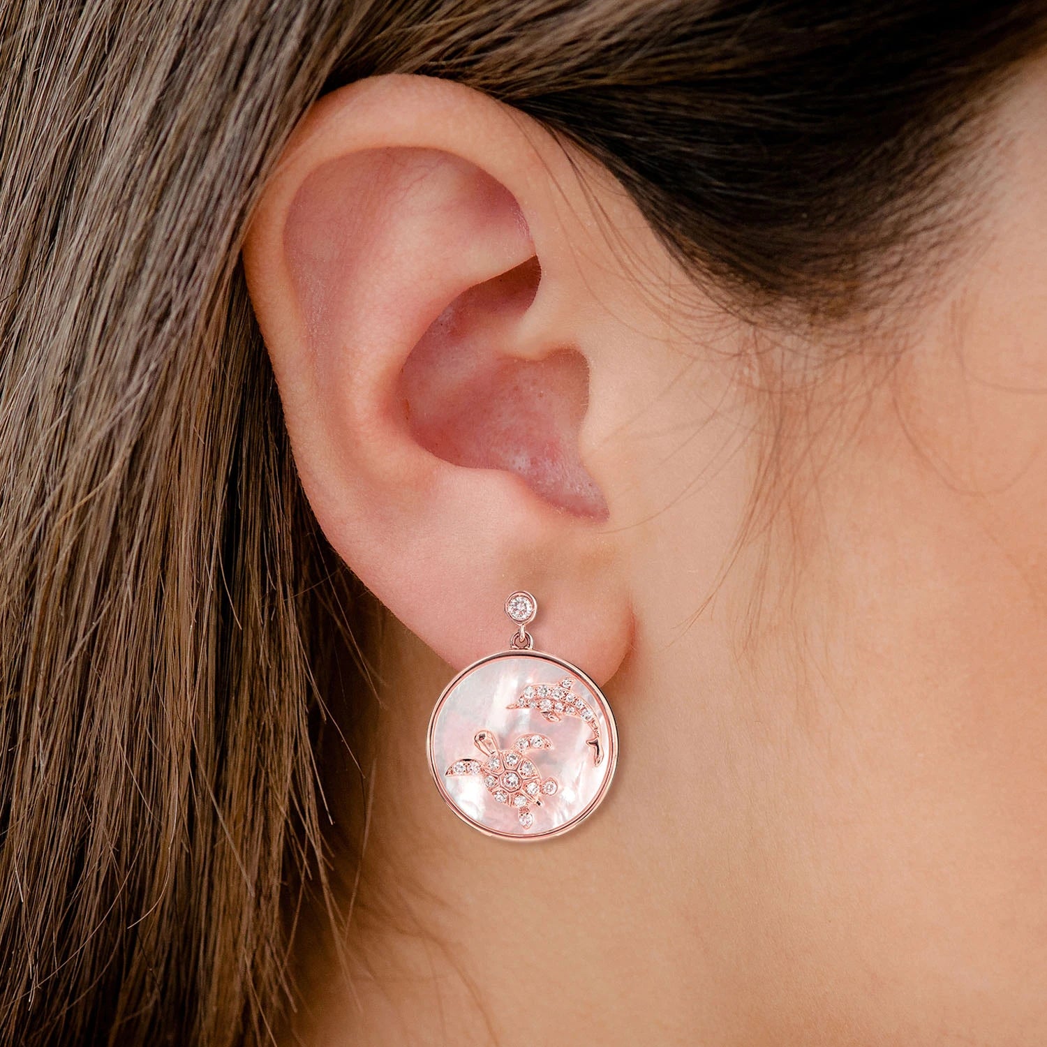 Mother of Pearl and Diamond Sea Turtle Dolphin Earrings - in yellow gold (view 6 of 6)