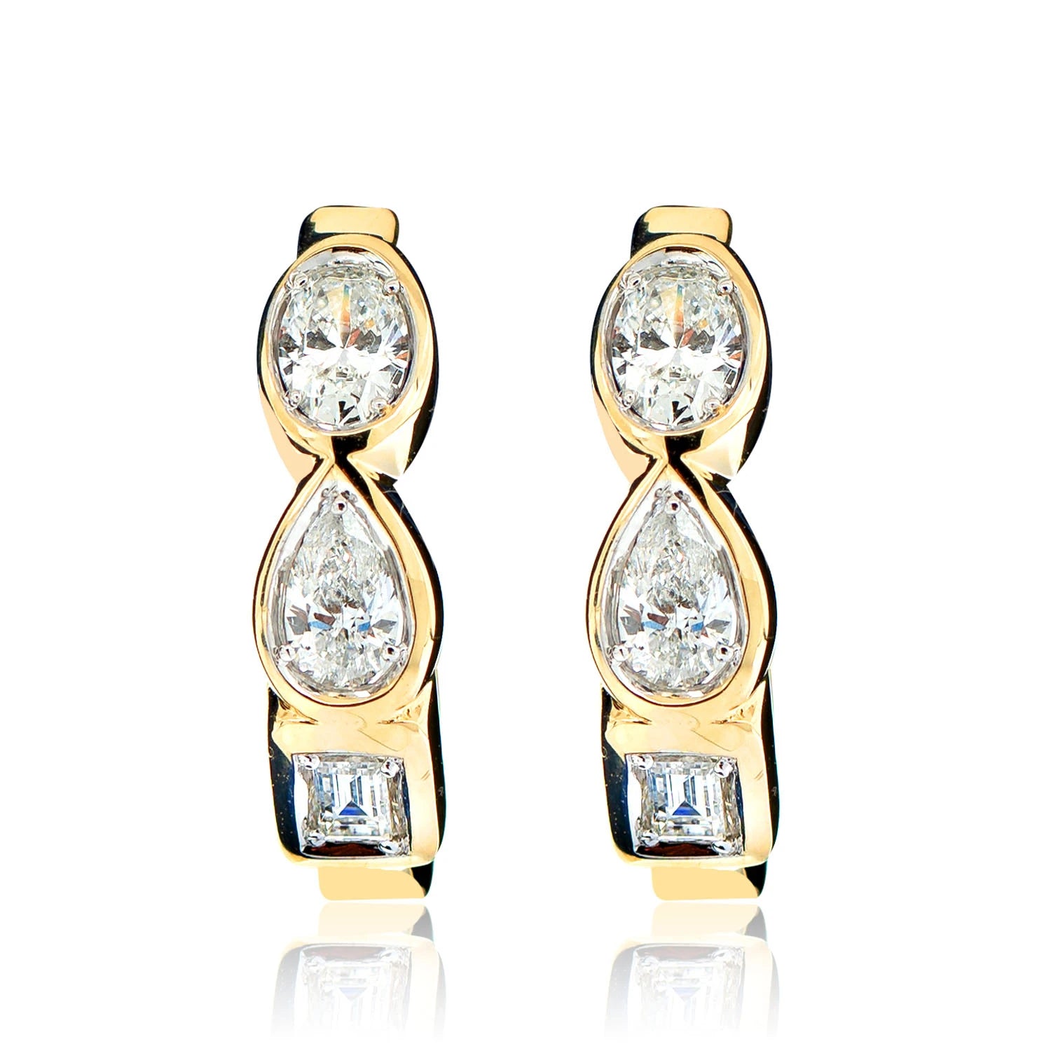 Multi Shape Bezel Set Diamond Hoop Earrings - in yellow gold