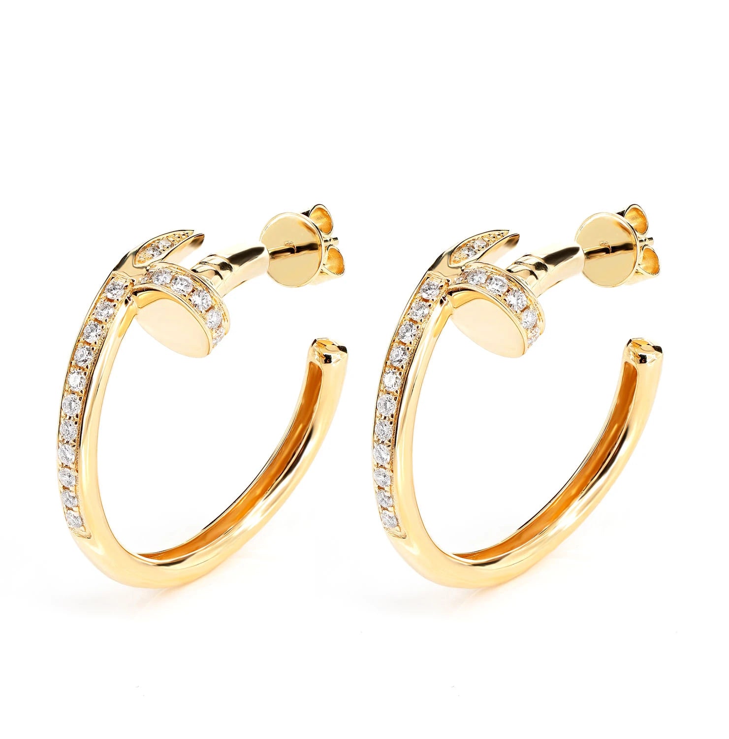 Nail Half Diamond Hoop Earrings - in yellow gold