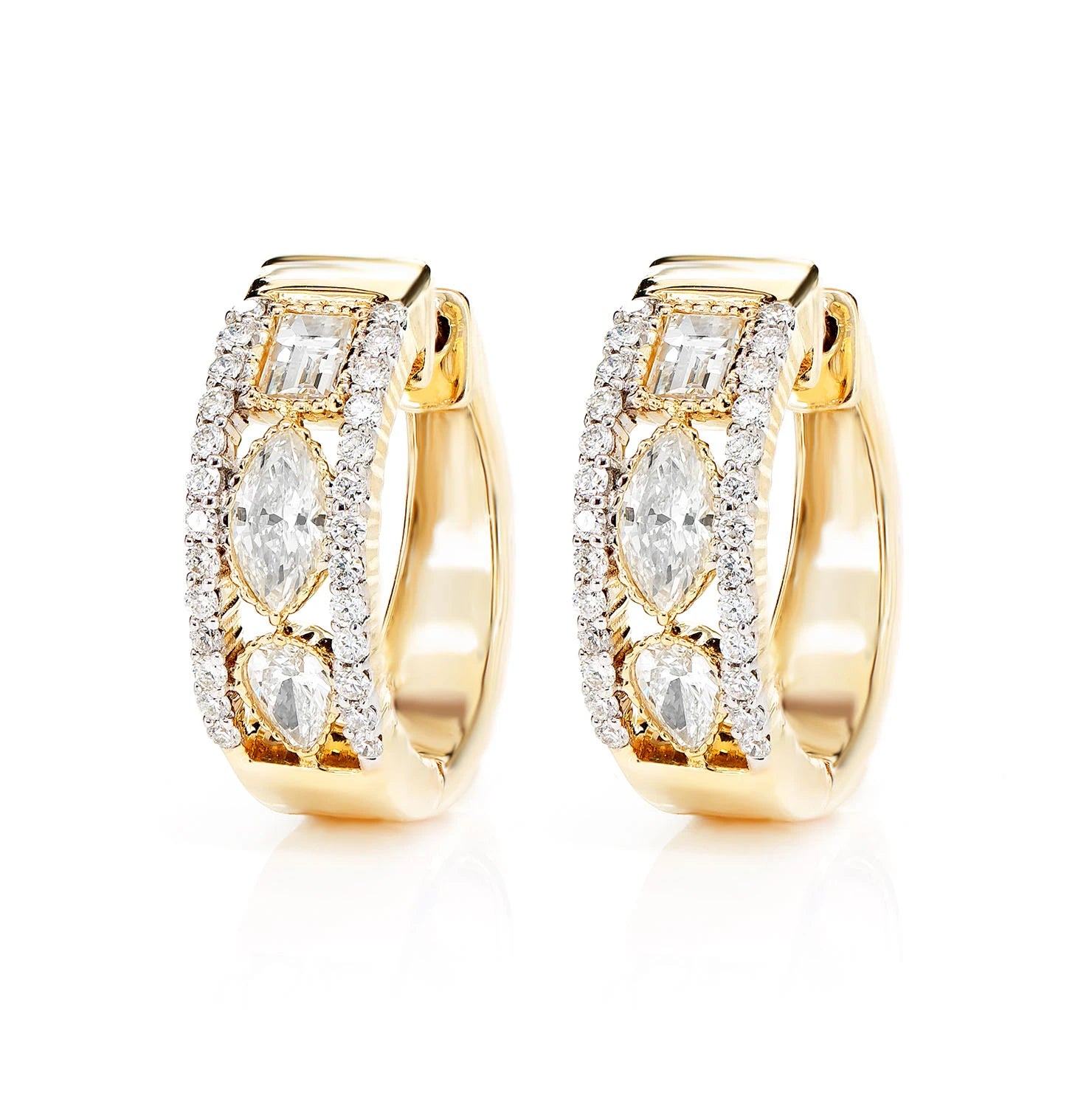 Open Diamond Multi Shape Hoop Earrings - in yellow gold