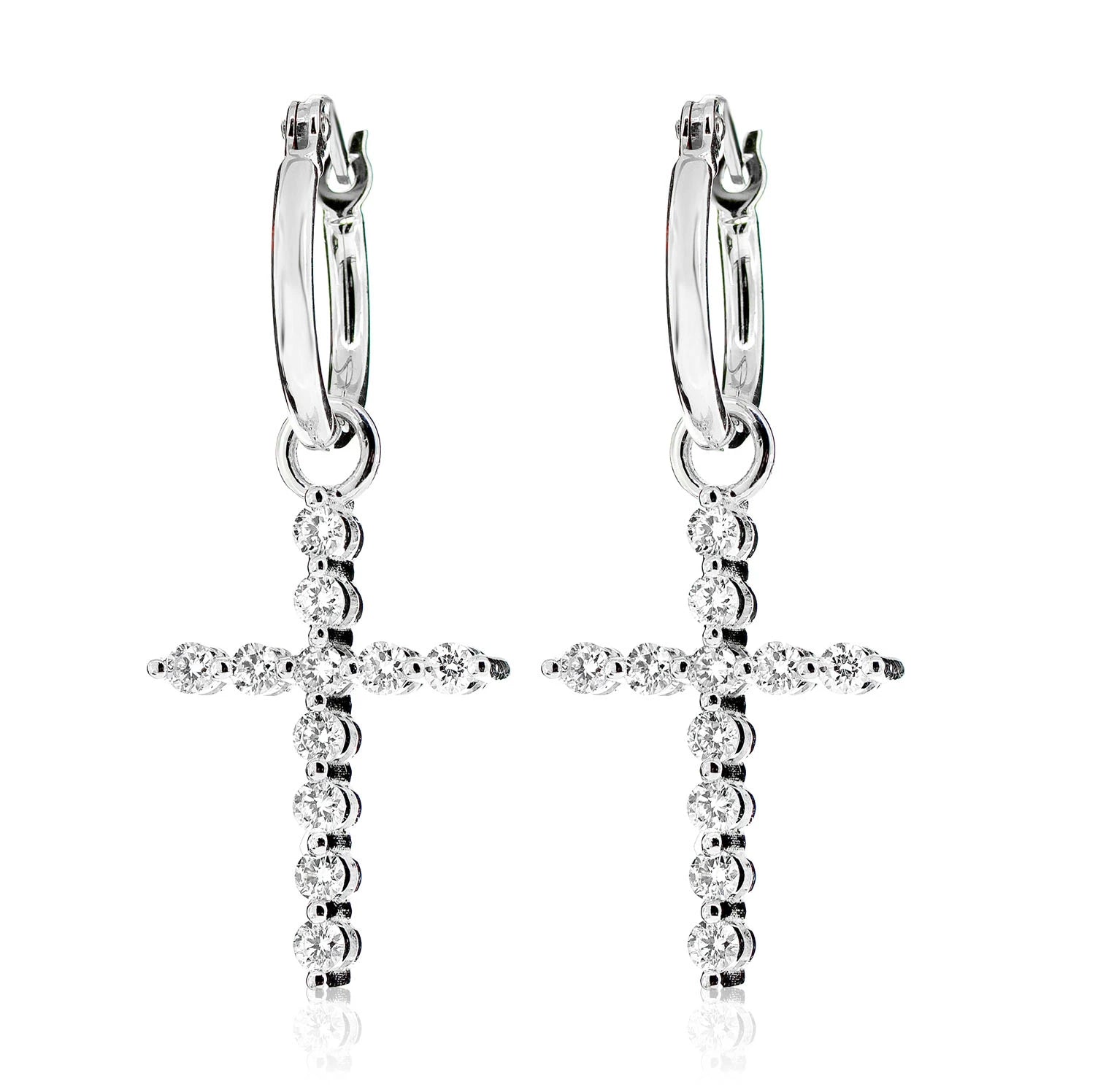Plain Hoop Earrings Dangling Diamond Cross Earrings - in white gold