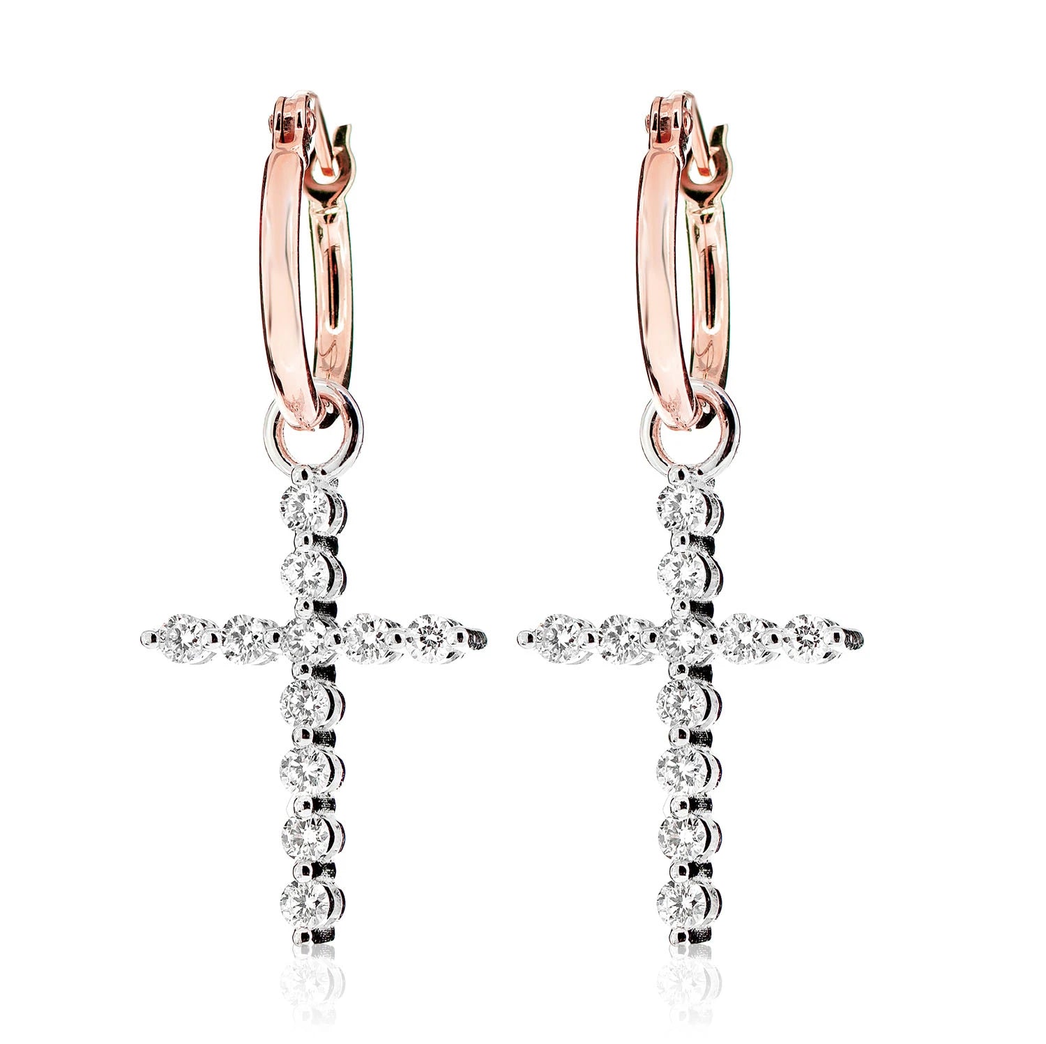 Plain Hoop Earrings Dangling Diamond Cross Earrings - in white gold (view 4 of 6)