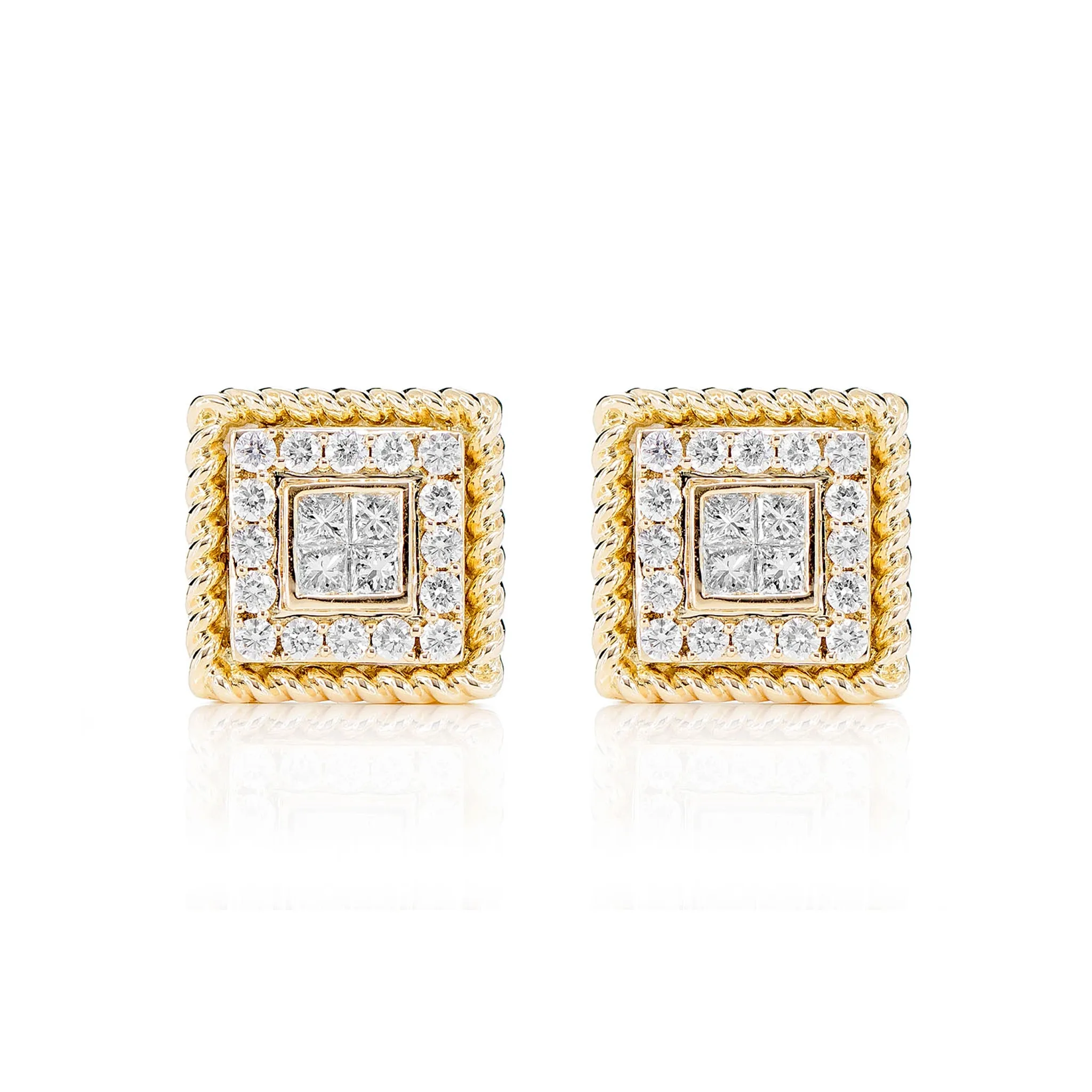 Quad Center Diamond Halo Rope Border Stud Earrings - in yellow gold