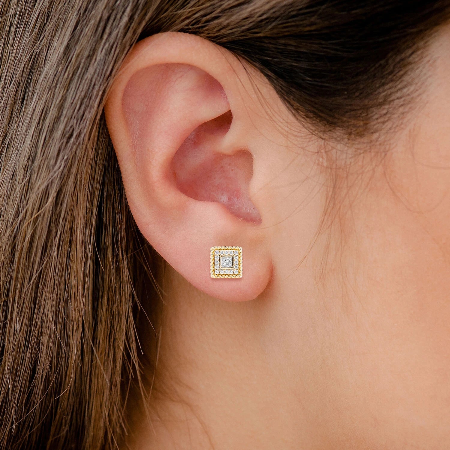 Quad Center Diamond Halo Rope Border Stud Earrings - in yellow gold (view 2 of 6)