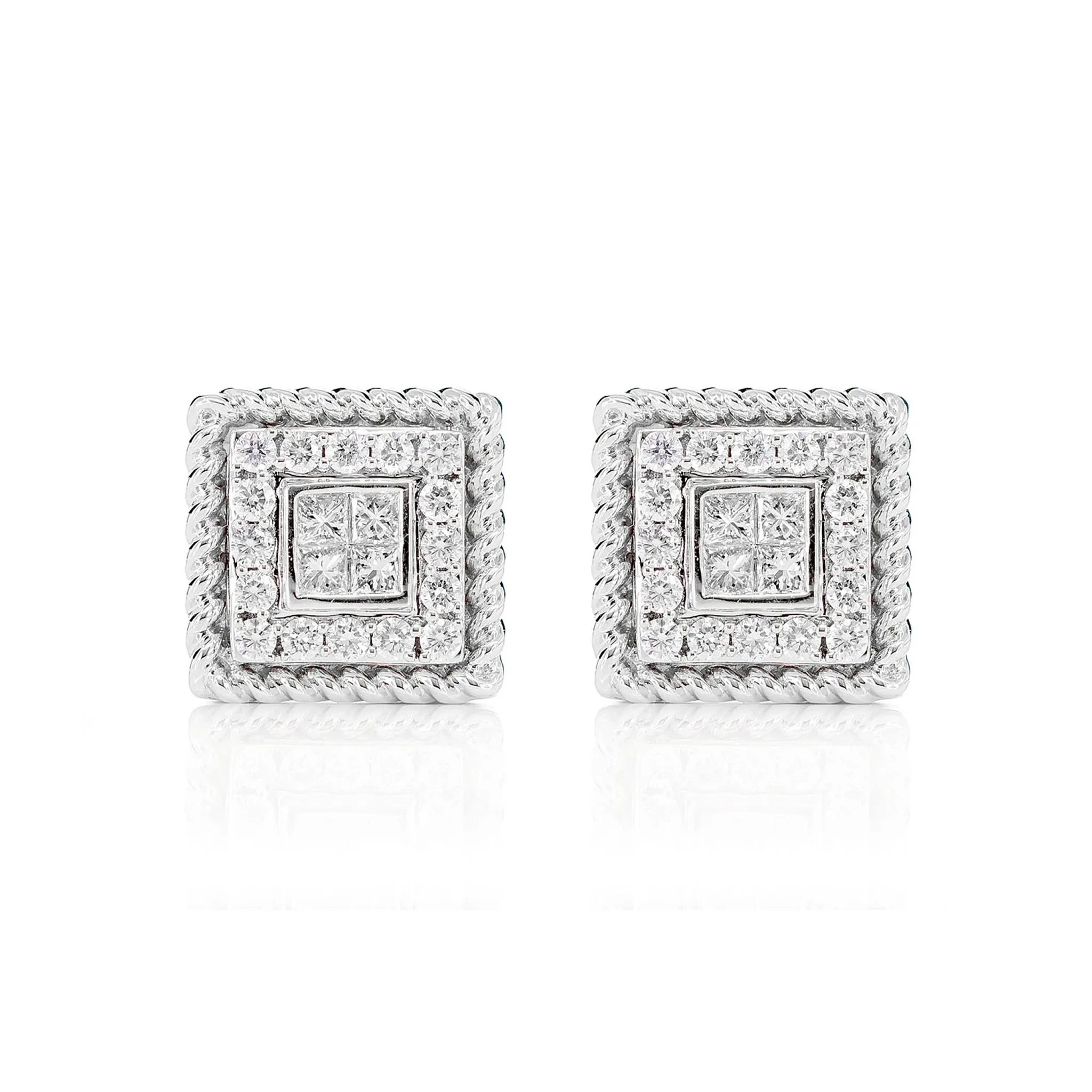 Quad Center Diamond Halo Rope Border Stud Earrings - in yellow gold (view 3 of 6)