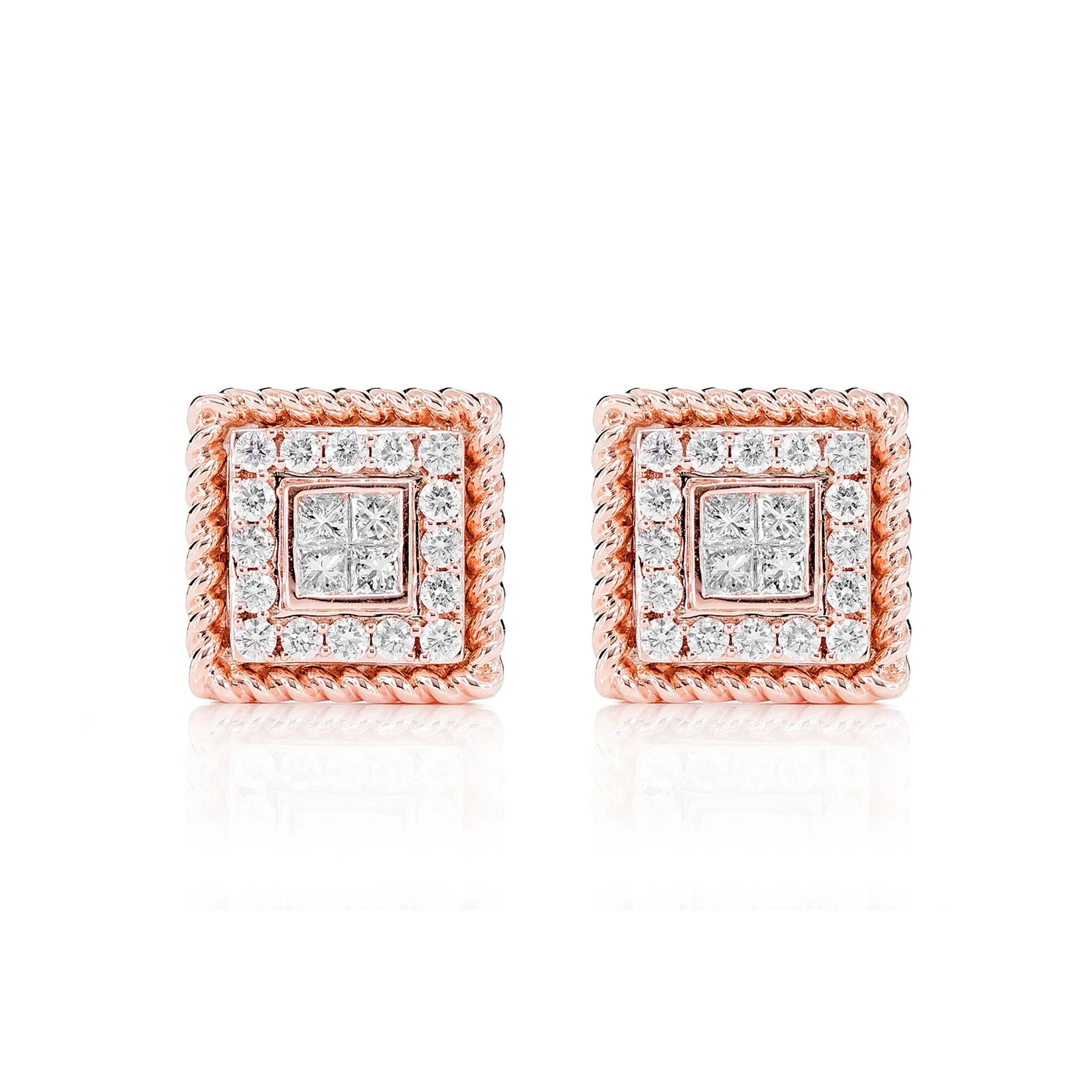 Quad Center Diamond Halo Rope Border Stud Earrings - in yellow gold (view 5 of 6)