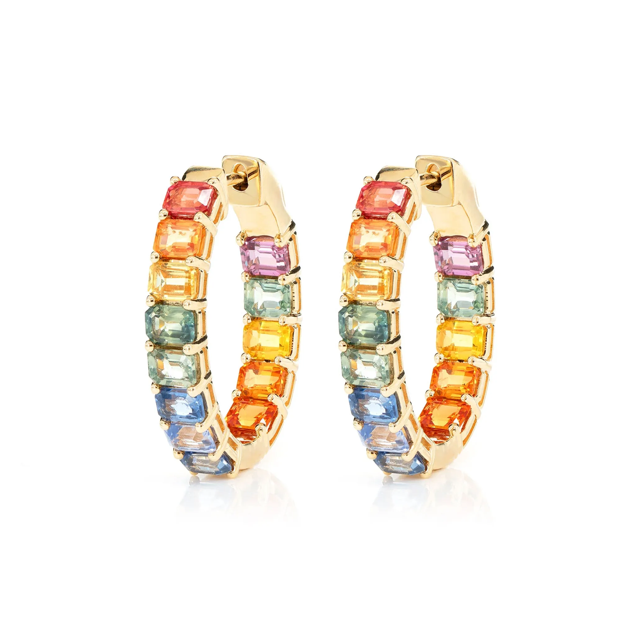 Rainbow Colored Sapphire Inside Outside Diamond Hoop Earrings - in yellow gold