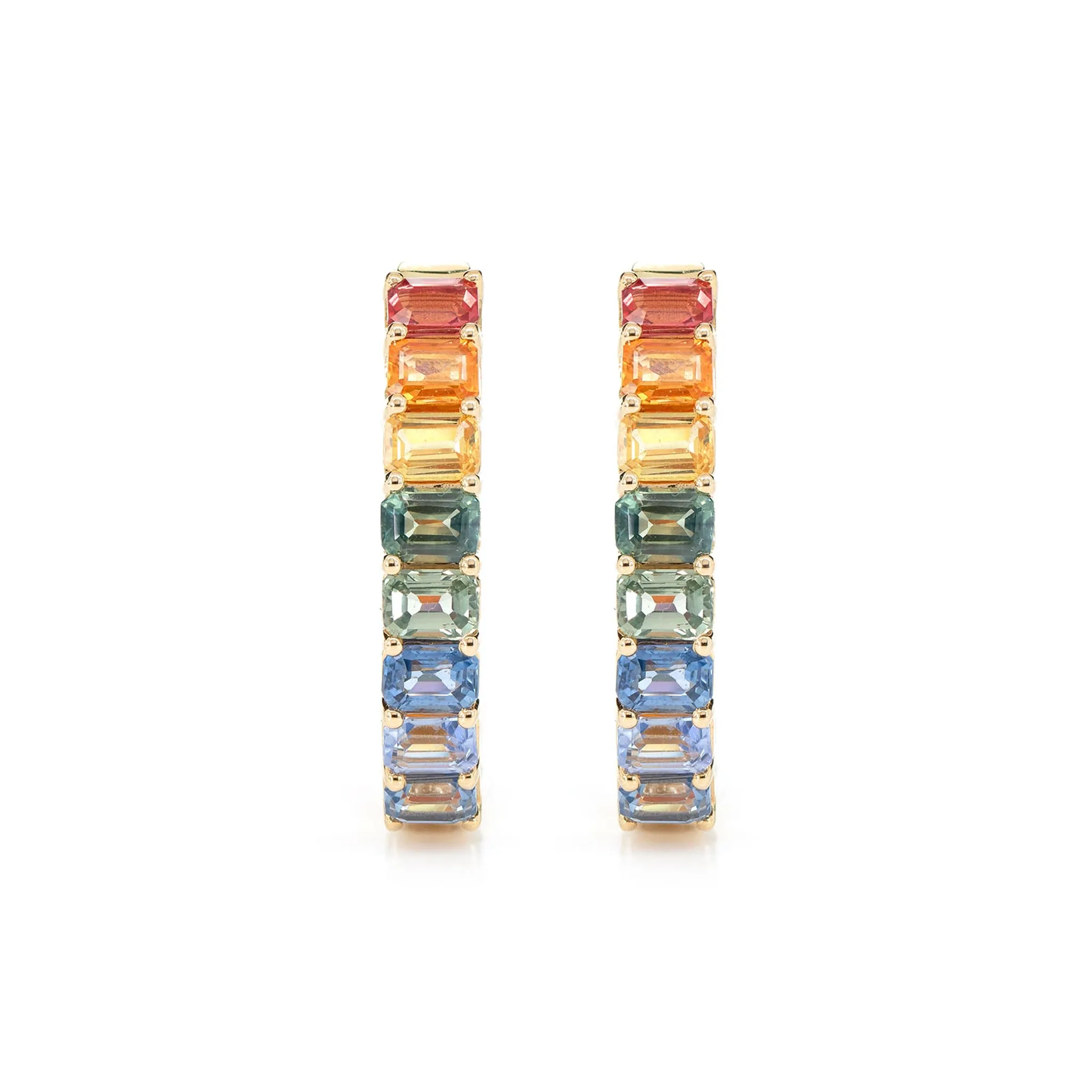 Rainbow Colored Sapphire Inside Outside Diamond Hoop Earrings - in yellow gold (view 3 of 9)