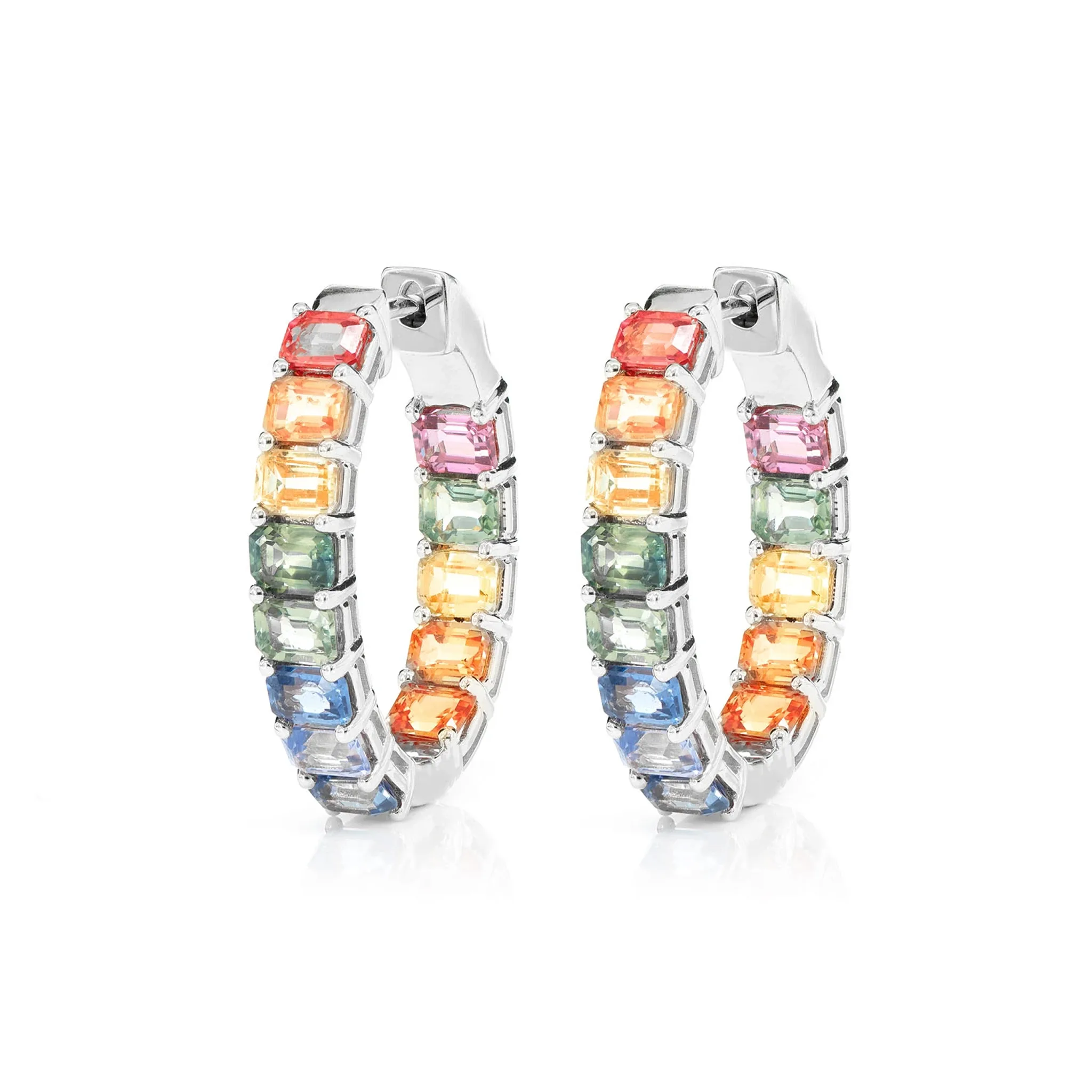 Rainbow Colored Sapphire Inside Outside Diamond Hoop Earrings - in yellow gold (view 4 of 9)