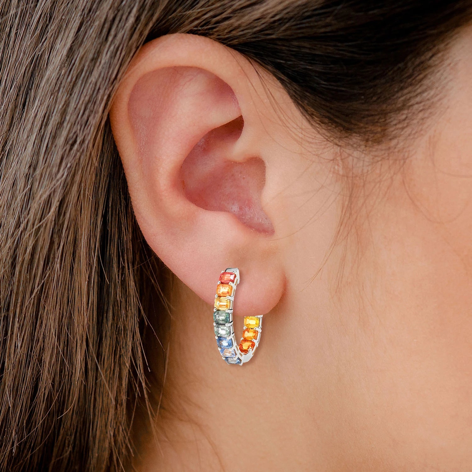 Rainbow Colored Sapphire Inside Outside Diamond Hoop Earrings - in yellow gold (view 5 of 9)