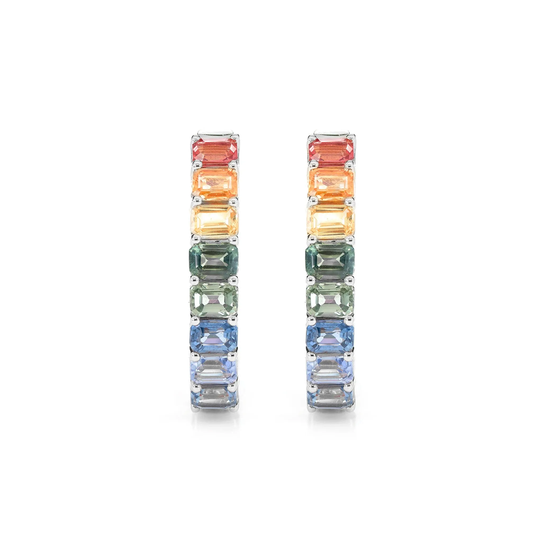 Rainbow Colored Sapphire Inside Outside Diamond Hoop Earrings - in yellow gold (view 6 of 9)