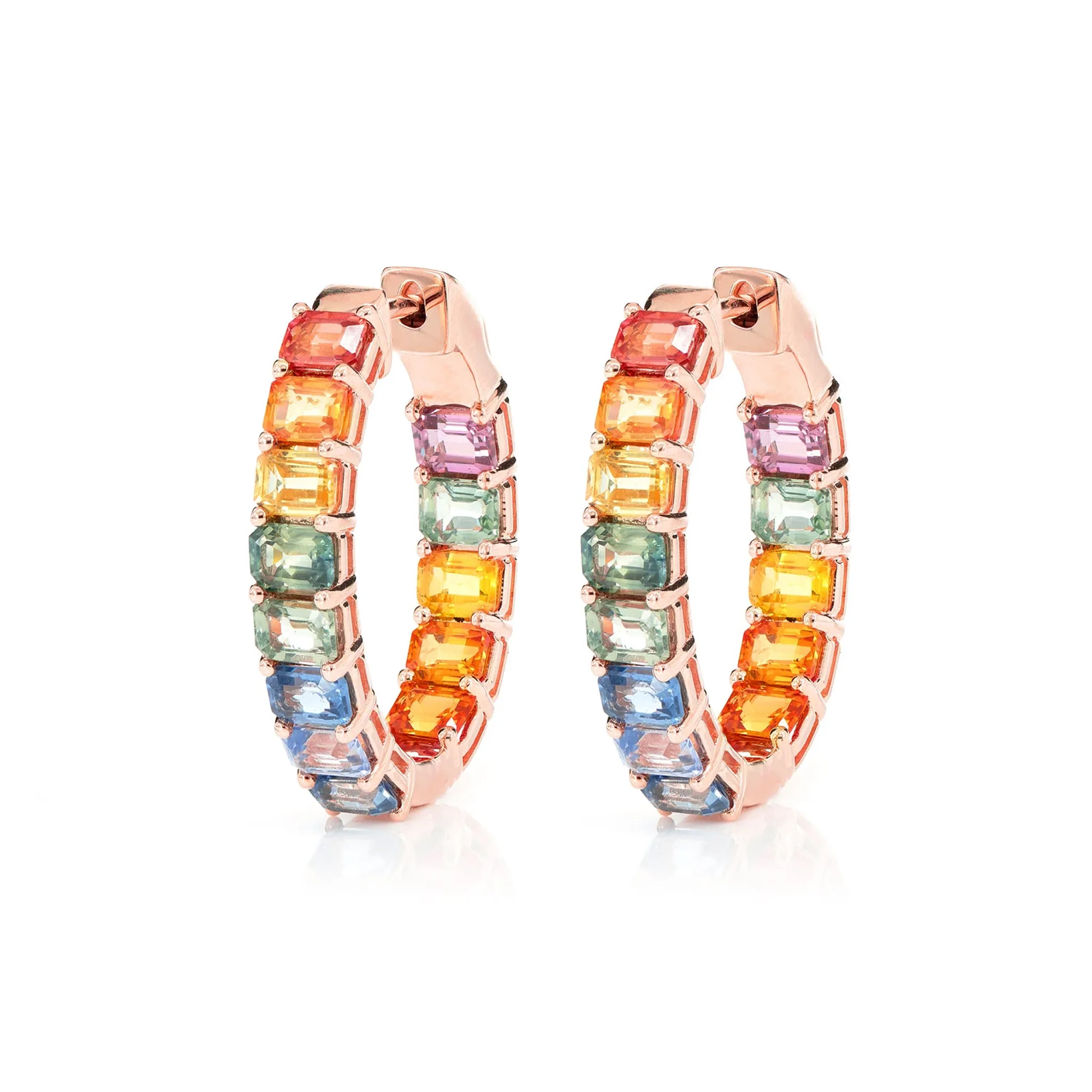 Rainbow Colored Sapphire Inside Outside Diamond Hoop Earrings - in yellow gold (view 7 of 9)