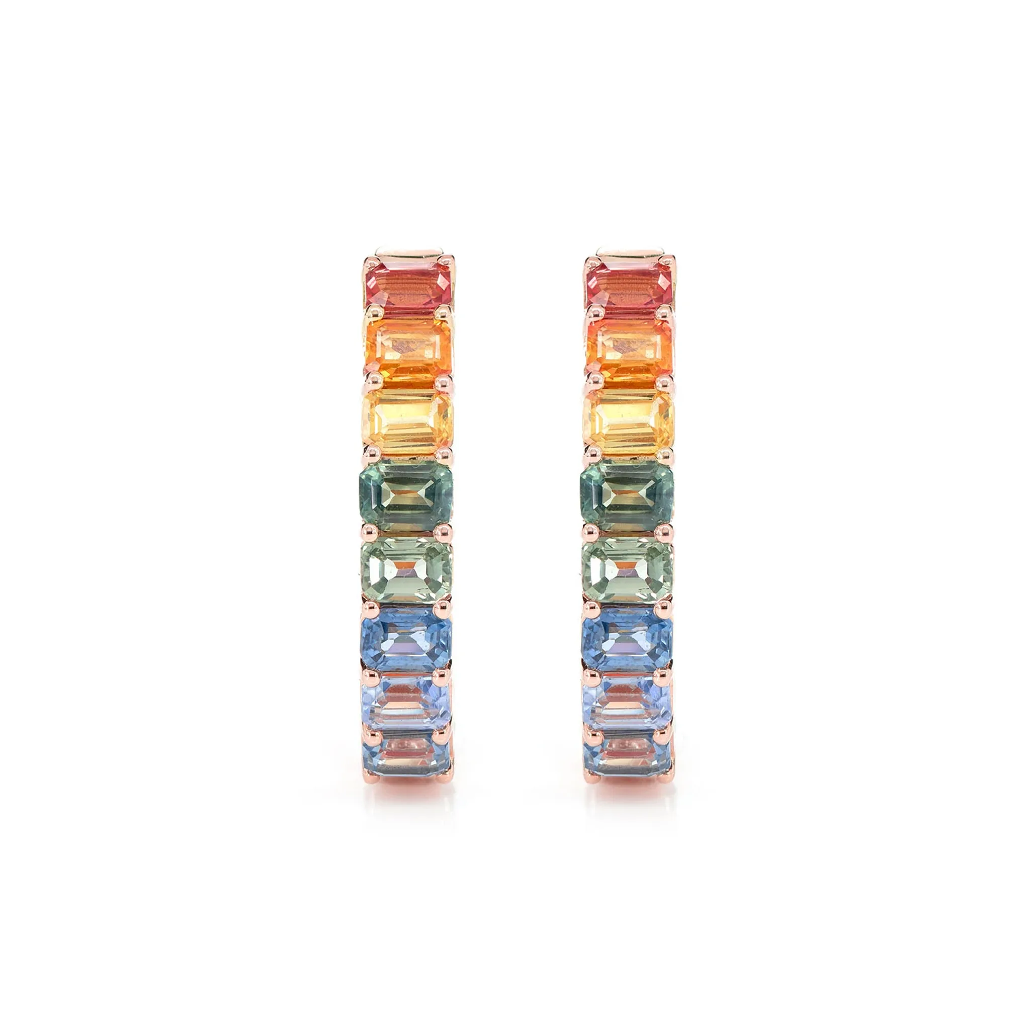 Rainbow Colored Sapphire Inside Outside Diamond Hoop Earrings - in yellow gold (view 9 of 9)