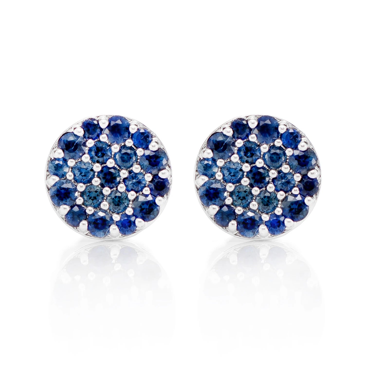 Round Sapphire Cluster Diamond Stud Earrings - in white gold